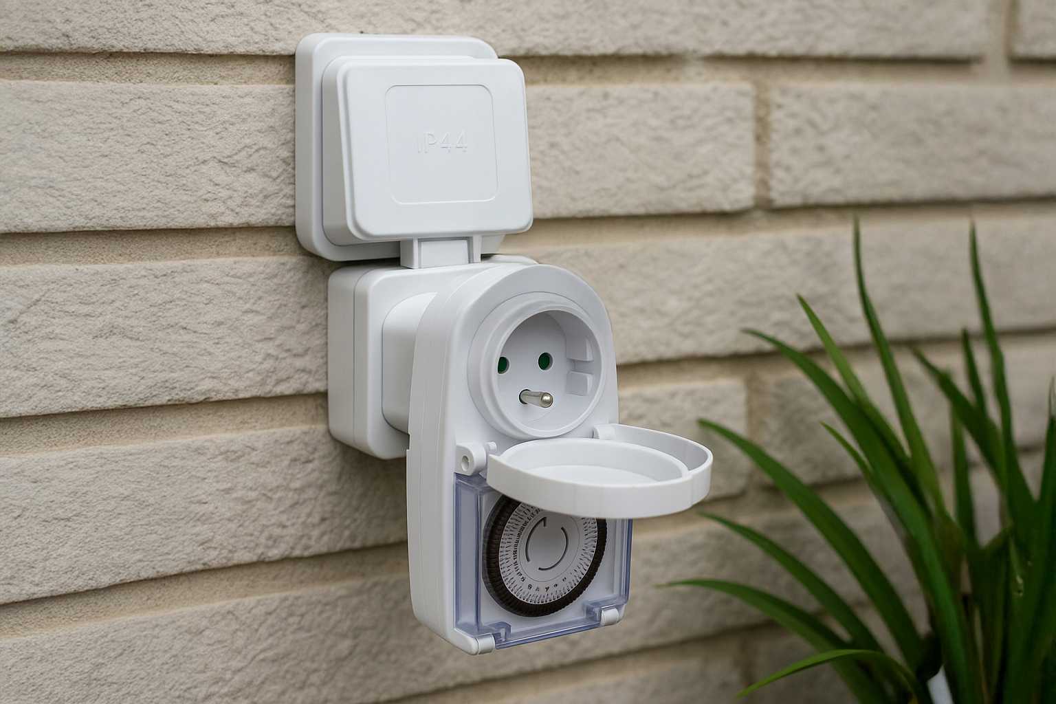 Białe gniazdko z wyłącznikiem czasowym na ceglanym murze, po bokach zielone rośliny.