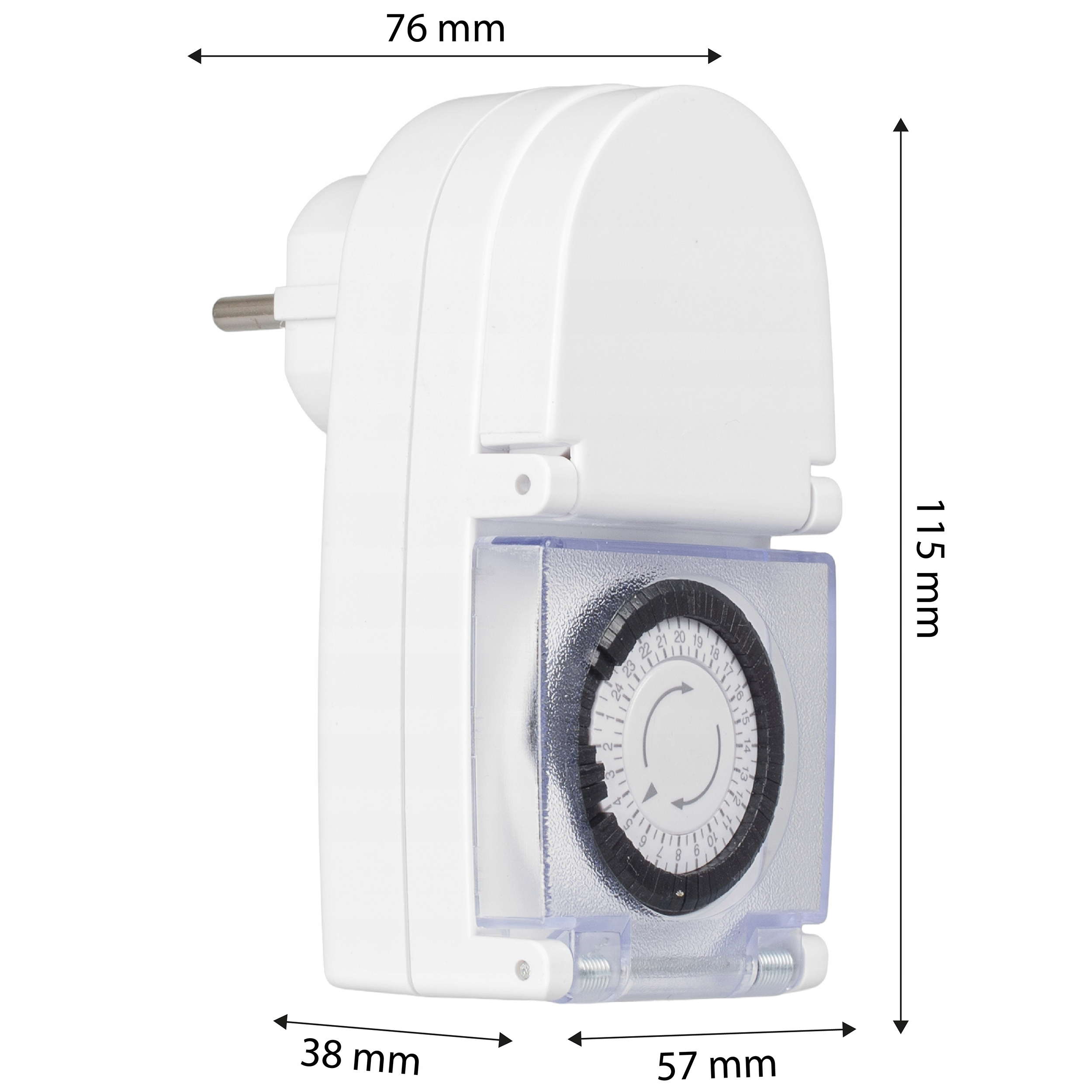 Biały timer wtyczkowy z przezroczystą osłoną i tarczą zegara.