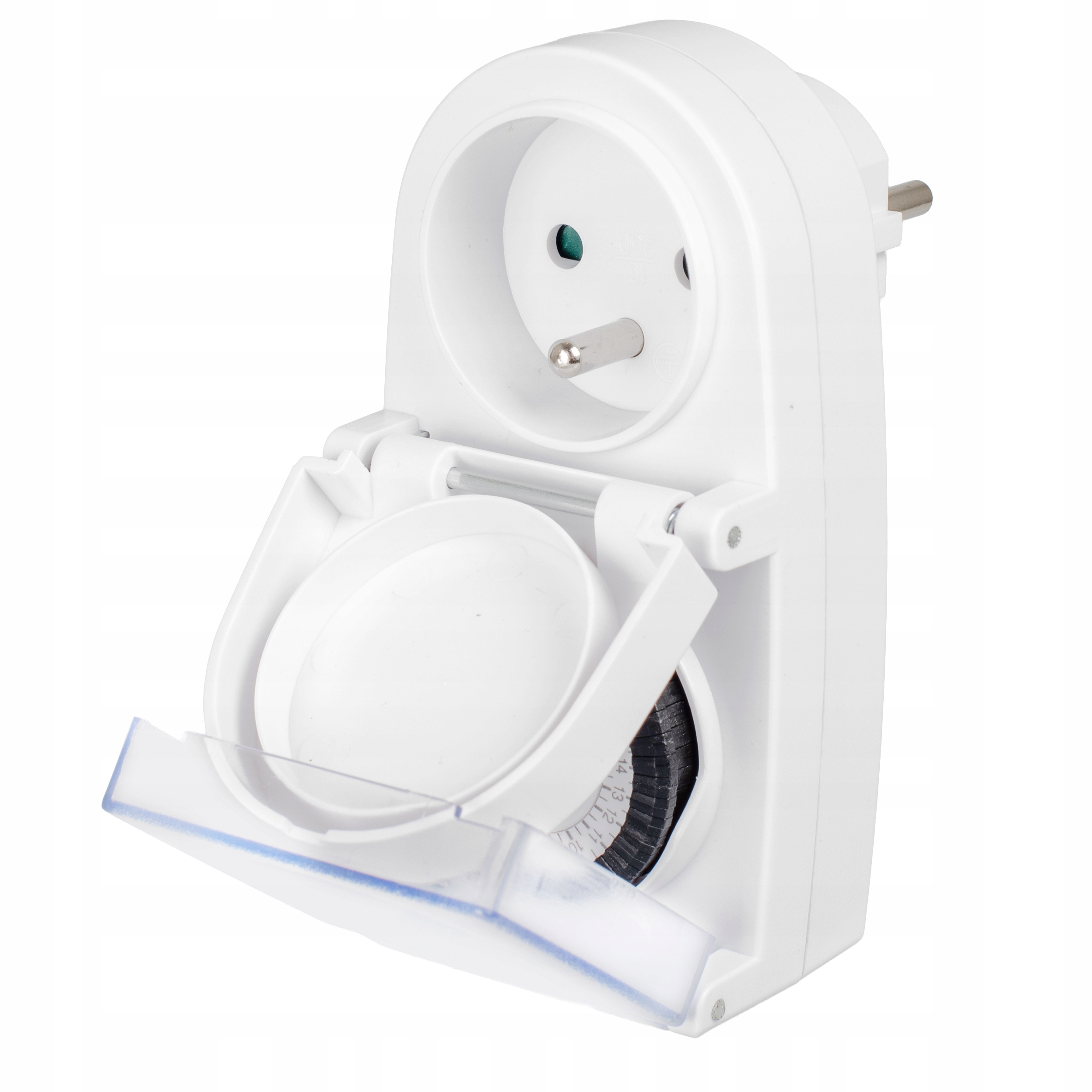 Biały wyłącznik czasowy gniazdka z otwartą klapką i ponumerowaną tarczą.