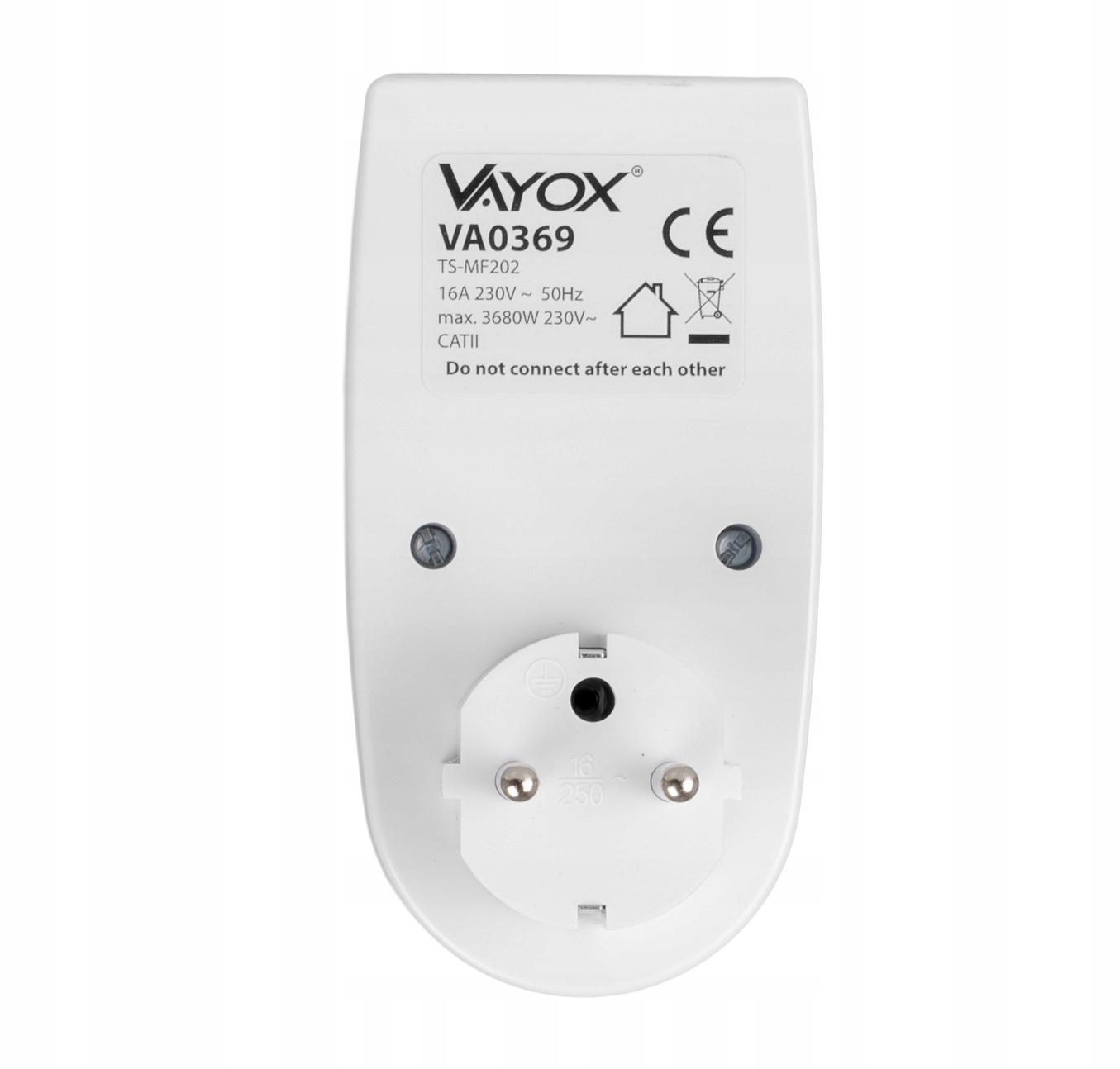 Biały adapter wtyczki Vayox z oznaczeniem CE i szczegółami technicznymi.