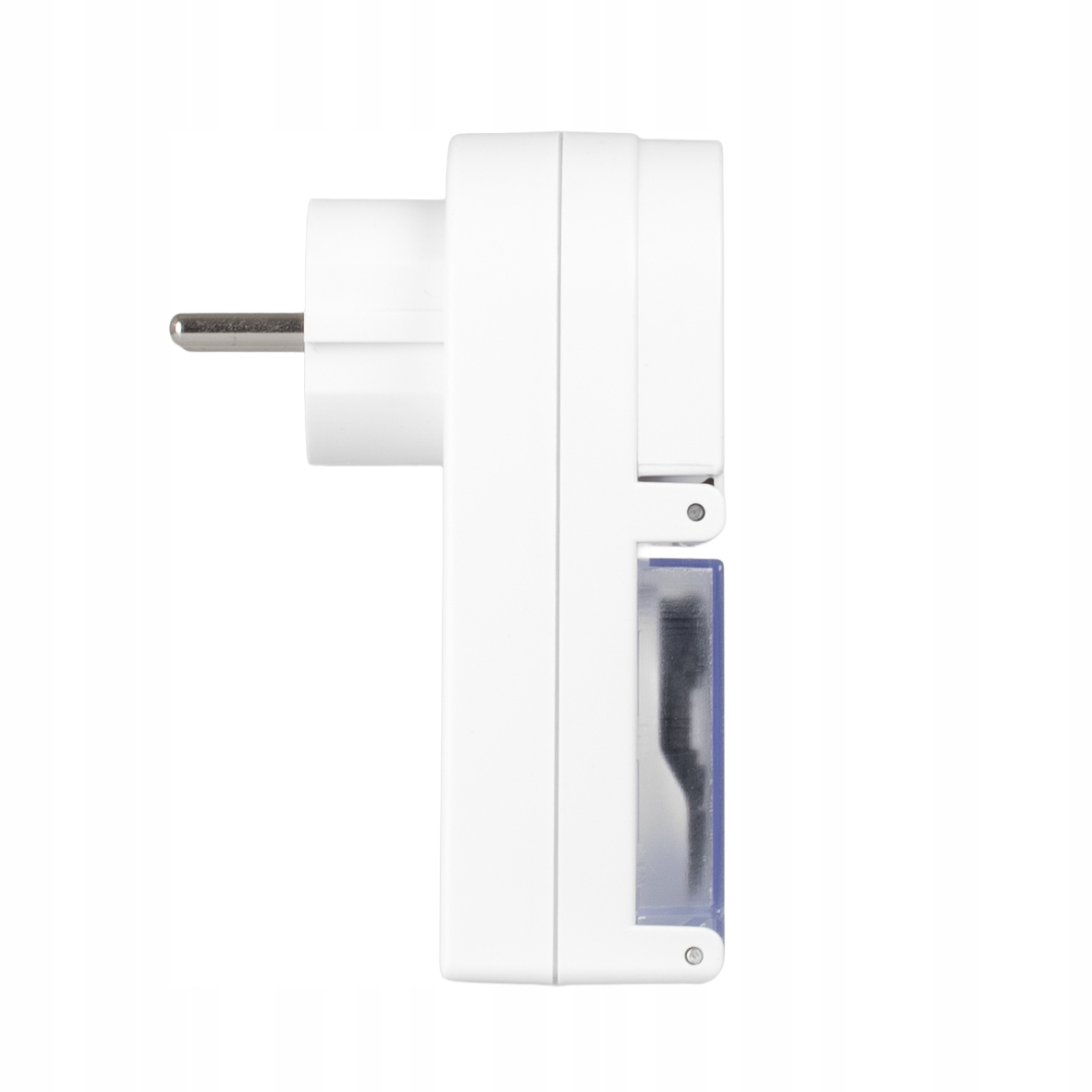 Biały adapter wtyczki z widocznym metalowym bolcem i przezroczystym schowkiem.
