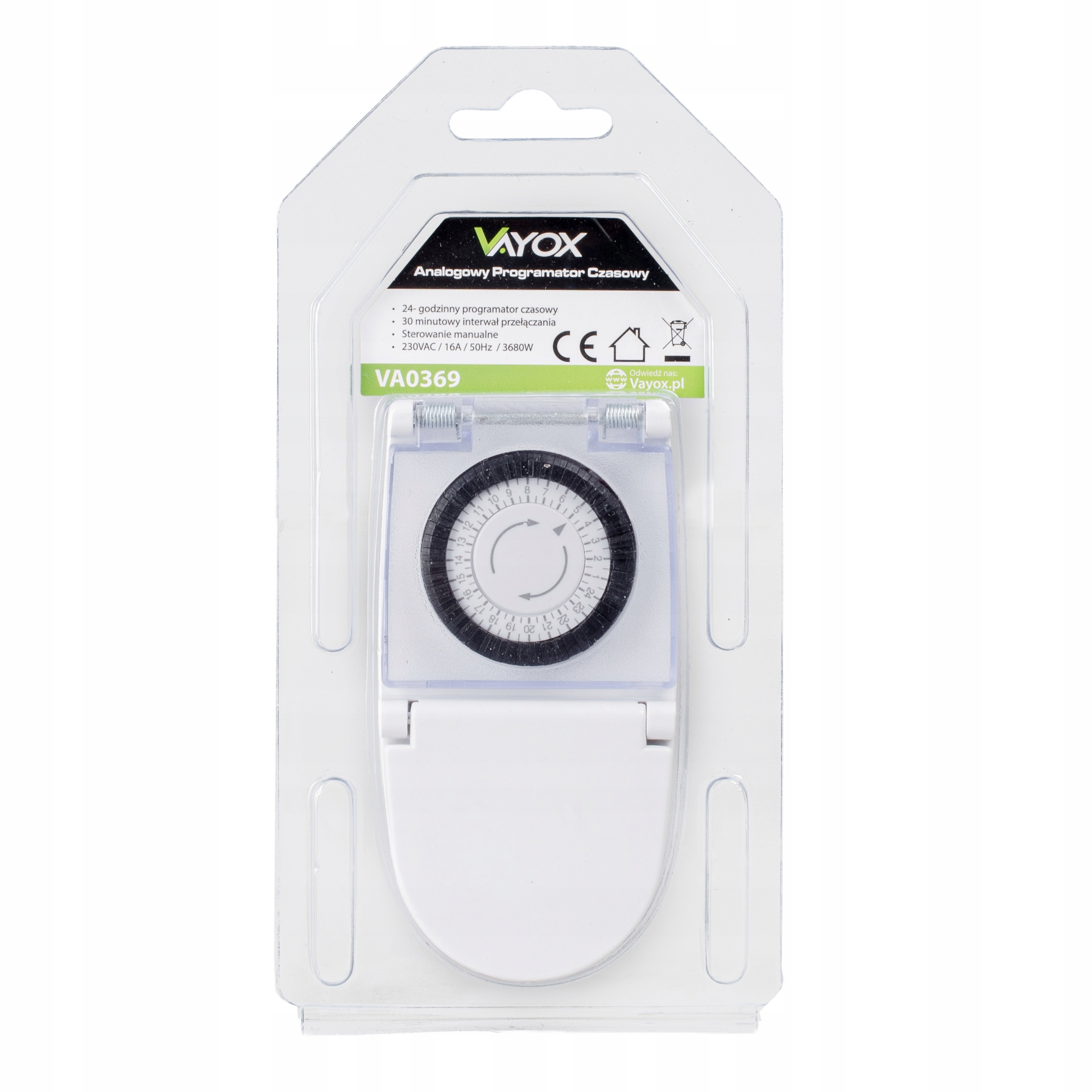 Opakowany analogowy programator czasowy z 24-godzinnym programem i interwałem 30 min.