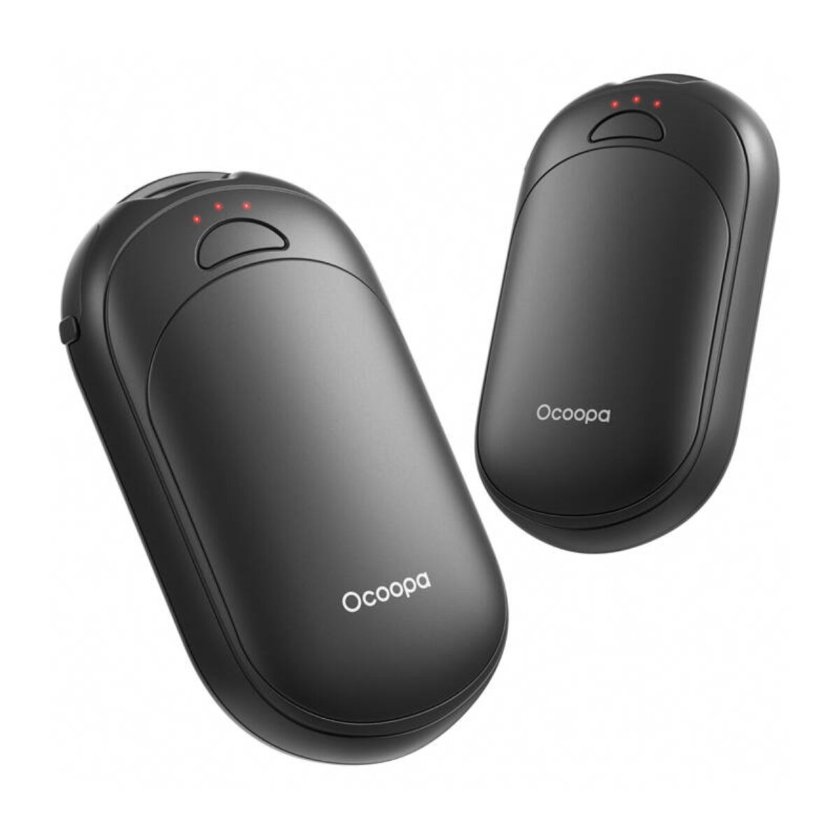 Dwa czarne, owalne podgrzewacze do rąk z trzema czerwonymi lampkami na górze.