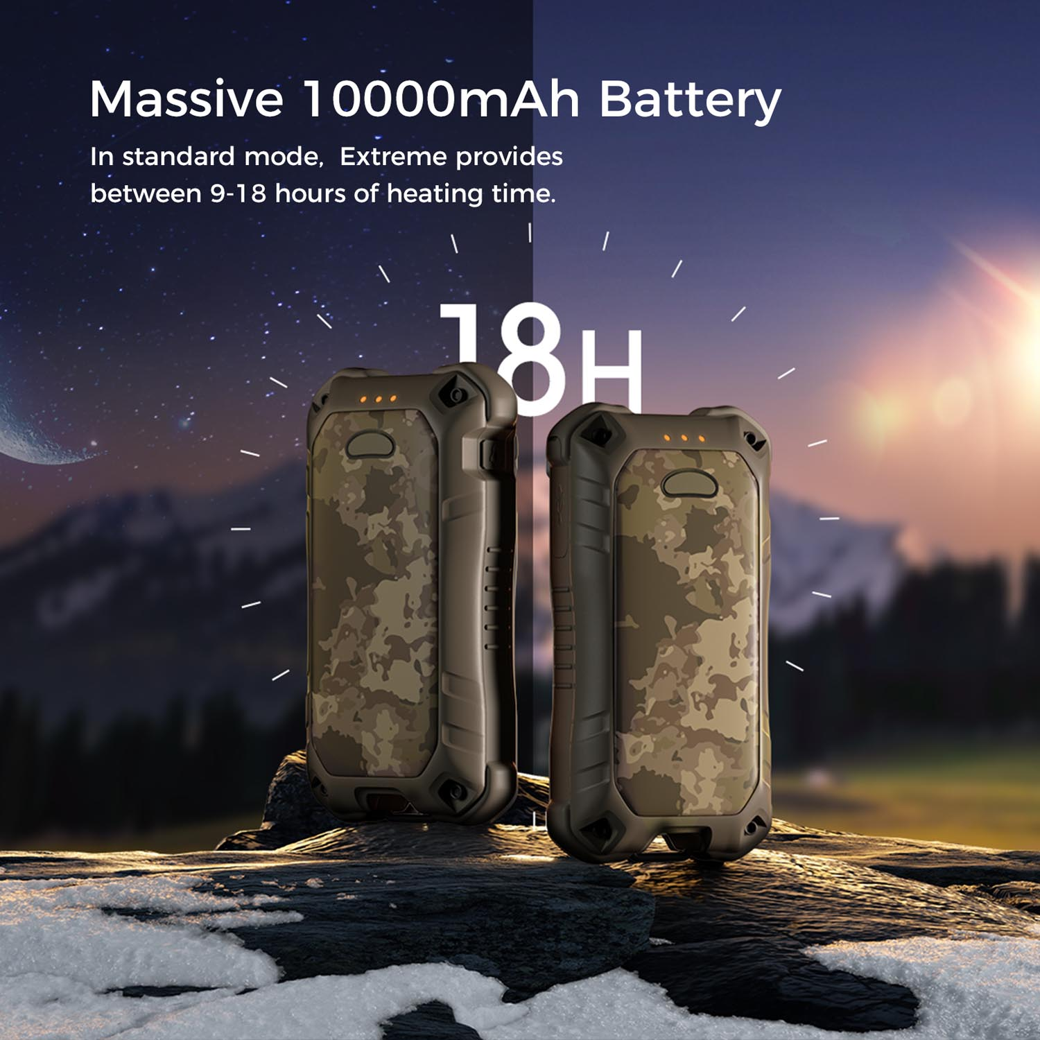Dwa powerbanki w kamuflażu na skałach w śniegu, dzień i noc.