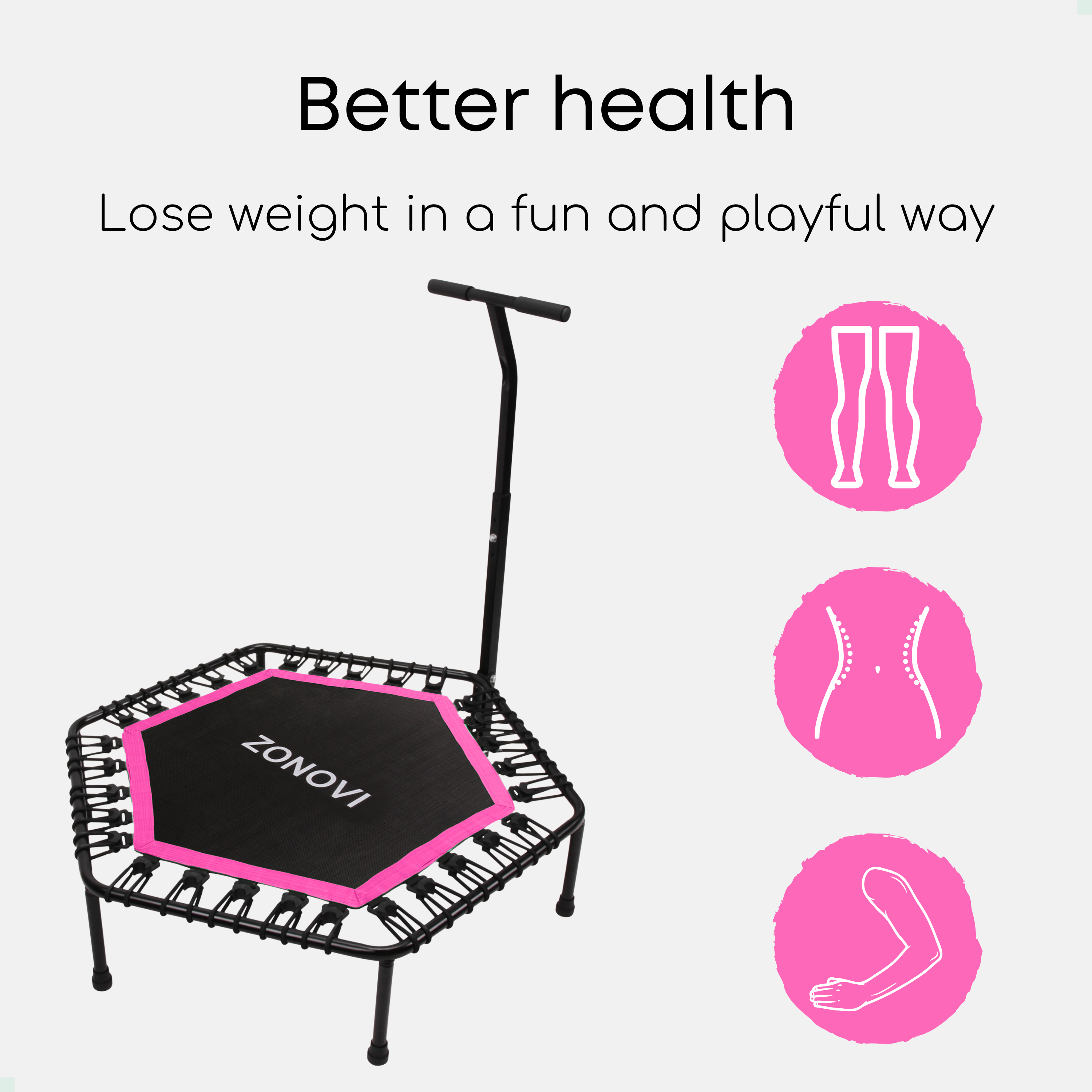 Een hexagonale trampoline met handvat en drie roze cirkels met iconen.