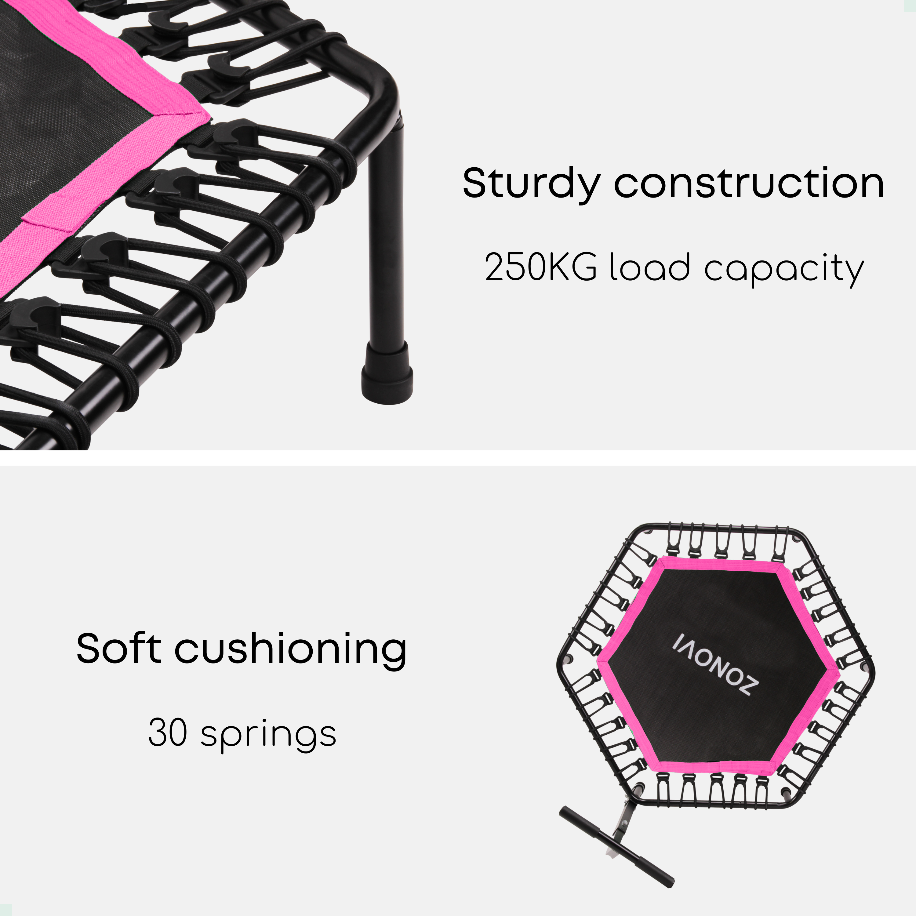 Een hexagonale trampoline met zwarte mat en roze rand.