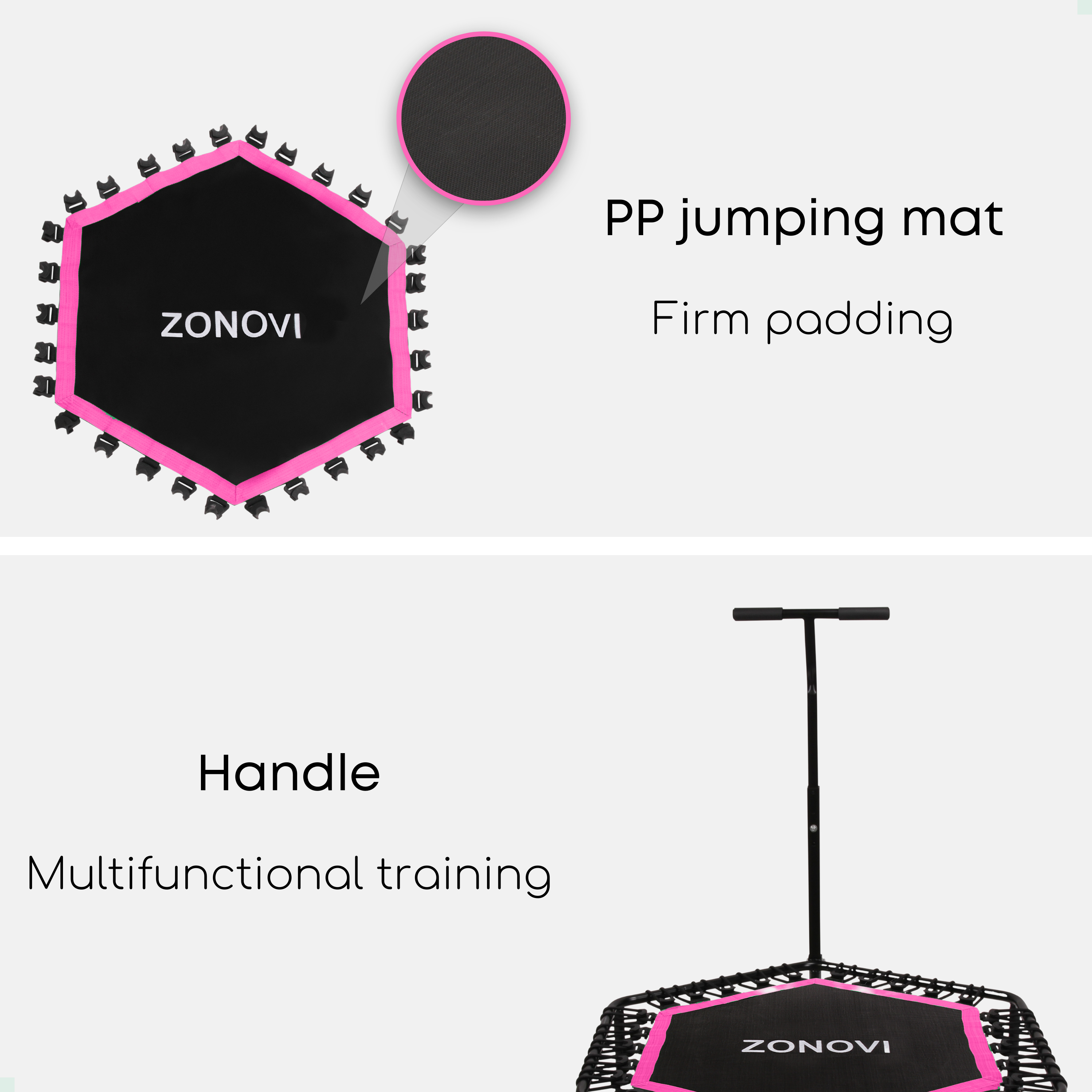 Zwarte trampoline met roze rand. Close-up van mat en handvat.
