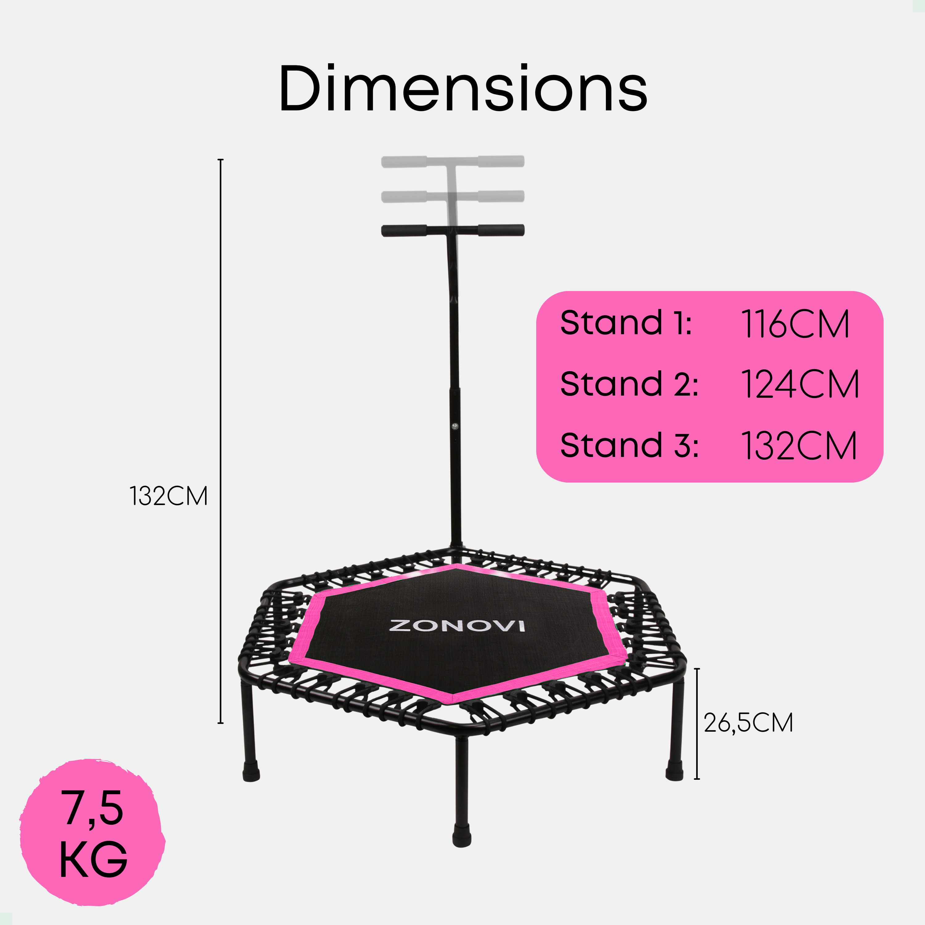 Een zwarte trampoline met roze rand en verstelbaar handvat. Afmetingen getoond.