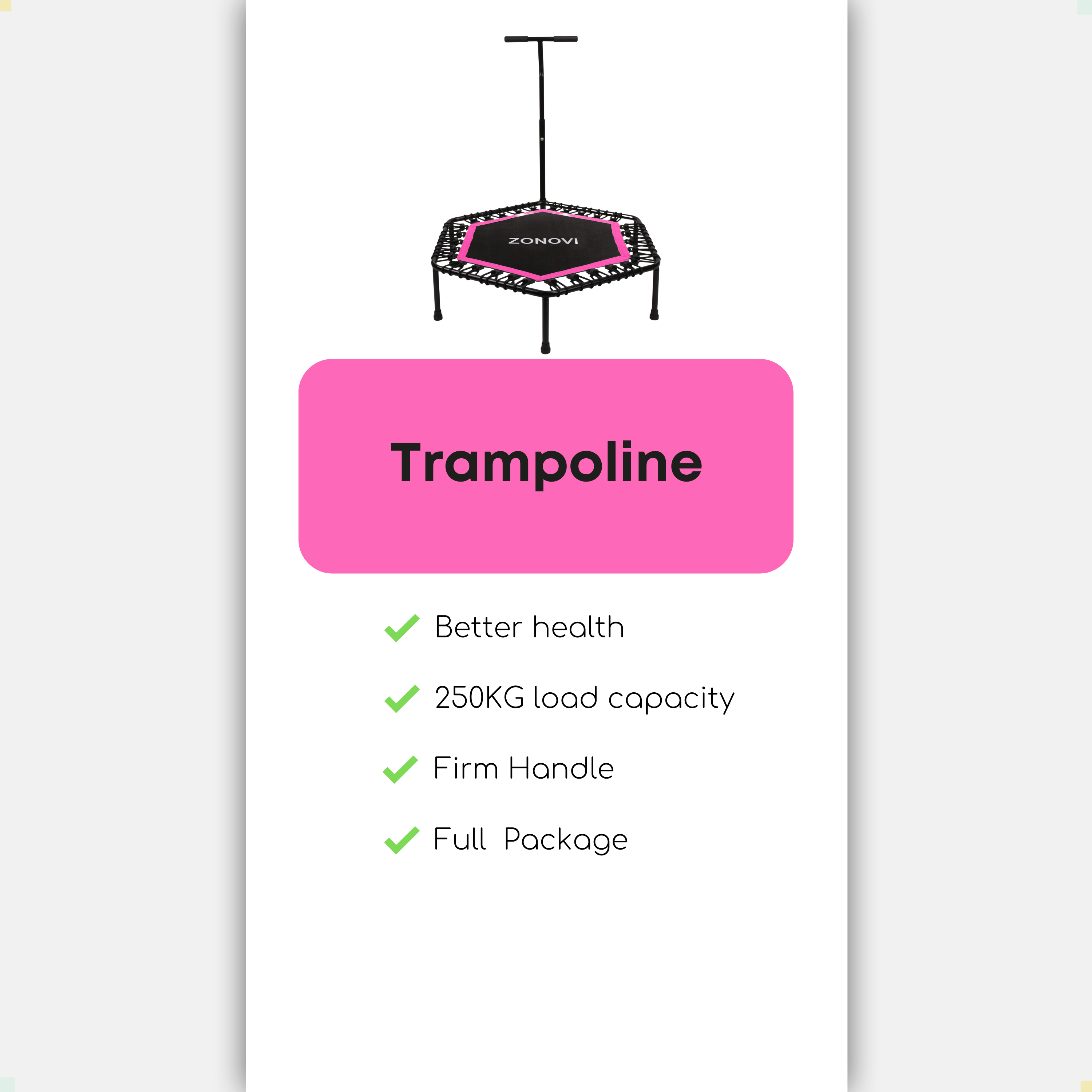 Een zwarte trampoline met roze rand en T-handvat.