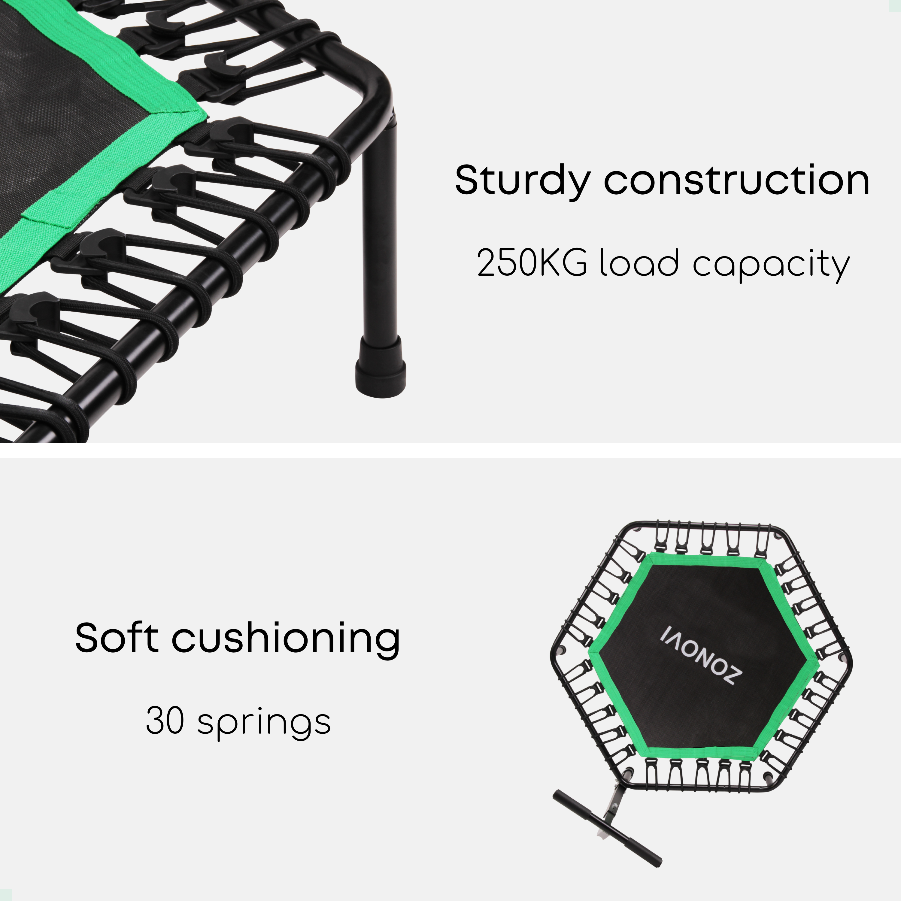 Zwarte trampoline met groene rand, stevig, draagvermogen 250 kg.