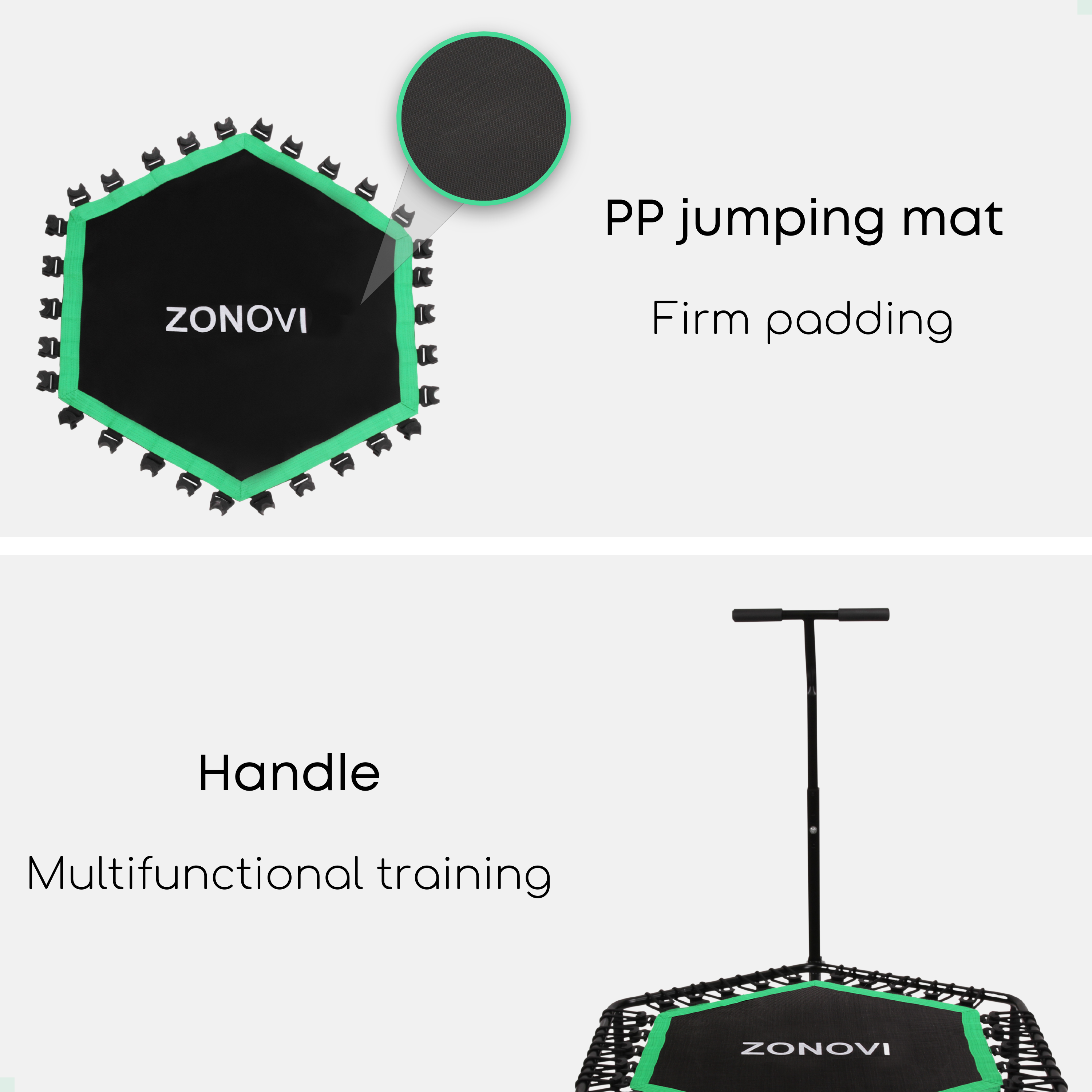 Mini-trampoline met groene rand, zwarte mat en handgreep.