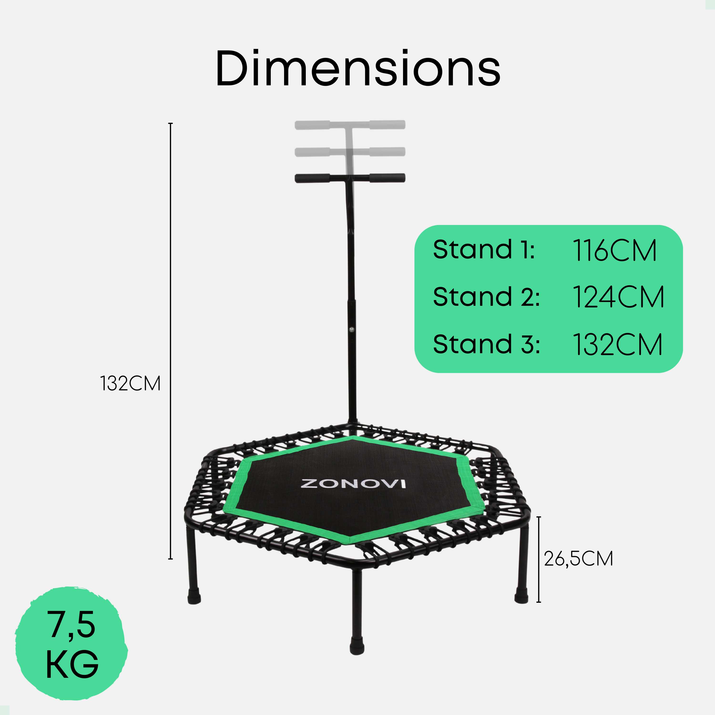 Een hexagonale trampoline met zwart frame, groene mat en verstelbaar handvat. 7.5 KG.