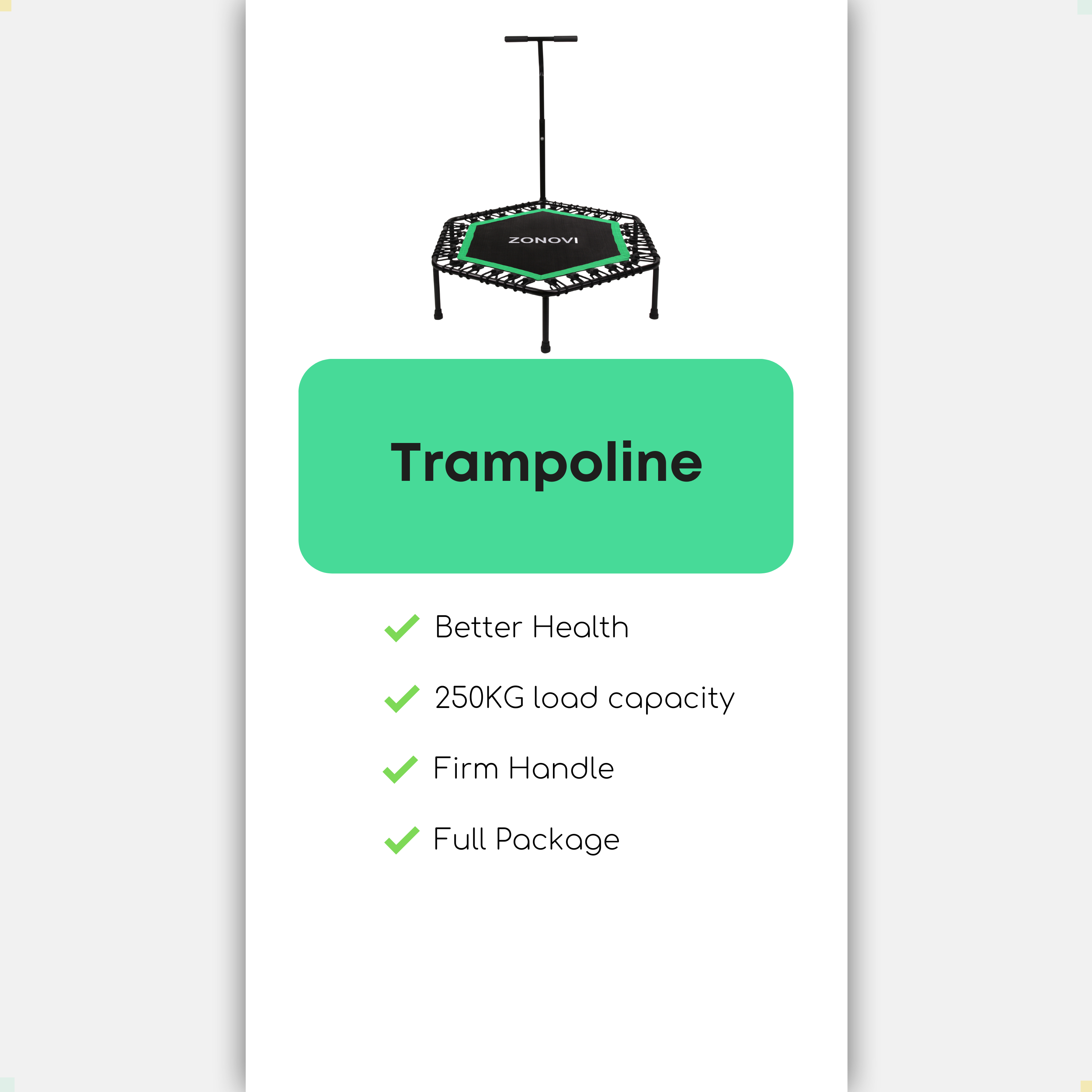 Een zwarte trampoline met groene rand en handvat, voor fitness.
