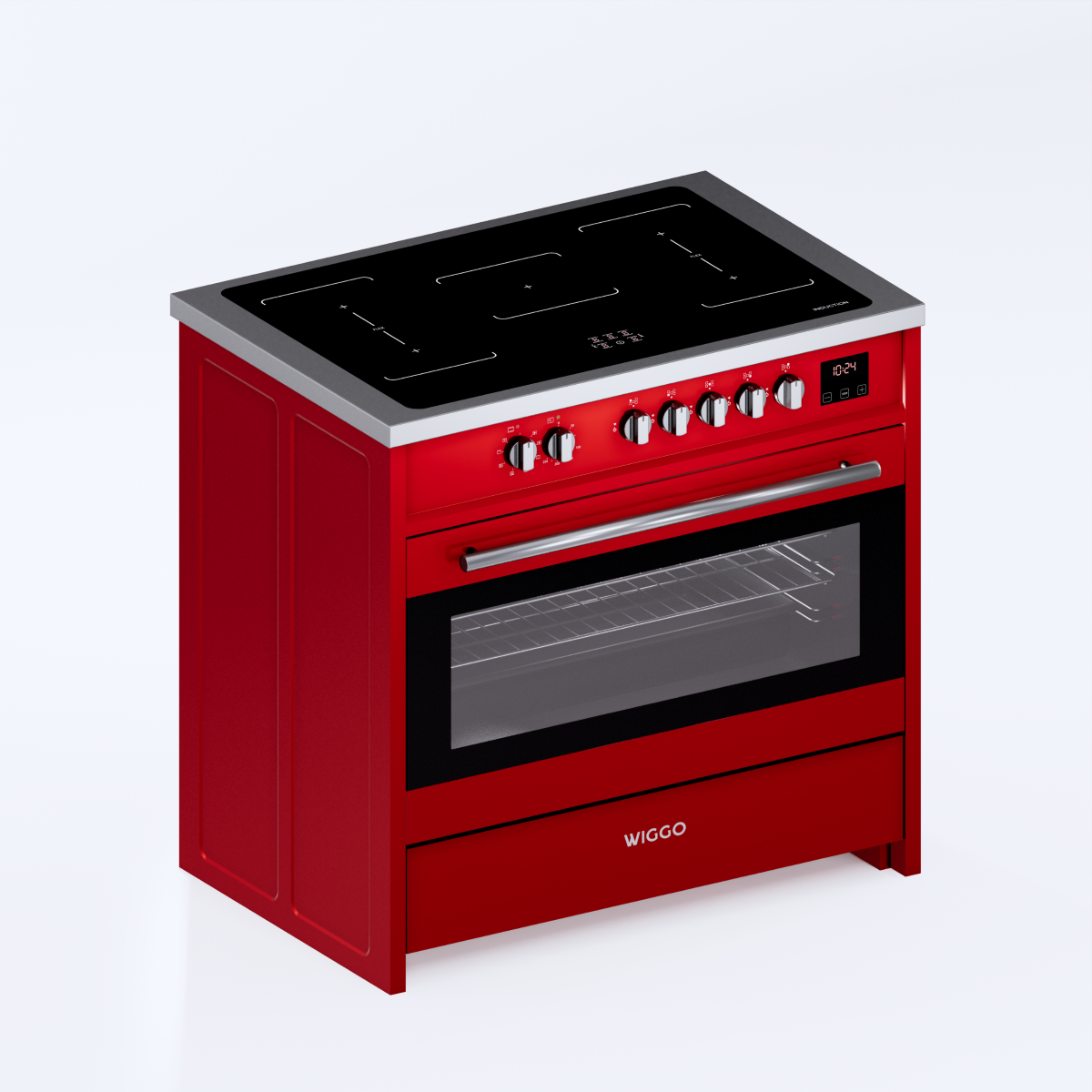 A red stove with an induction hob, oven door, and drawer.