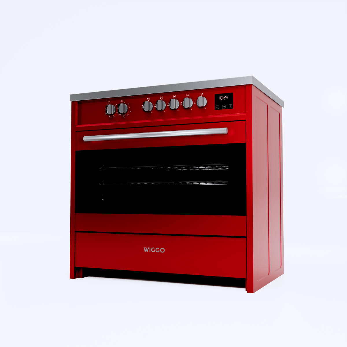 A red oven with a silver handle and a digital clock display.