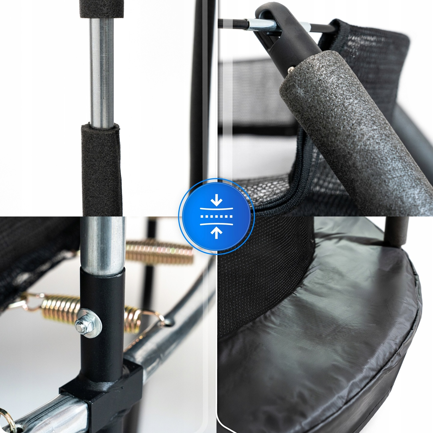 Zbliżenie części trampoliny: sprężyny, metalowe słupki z piankowym wypełnieniem.