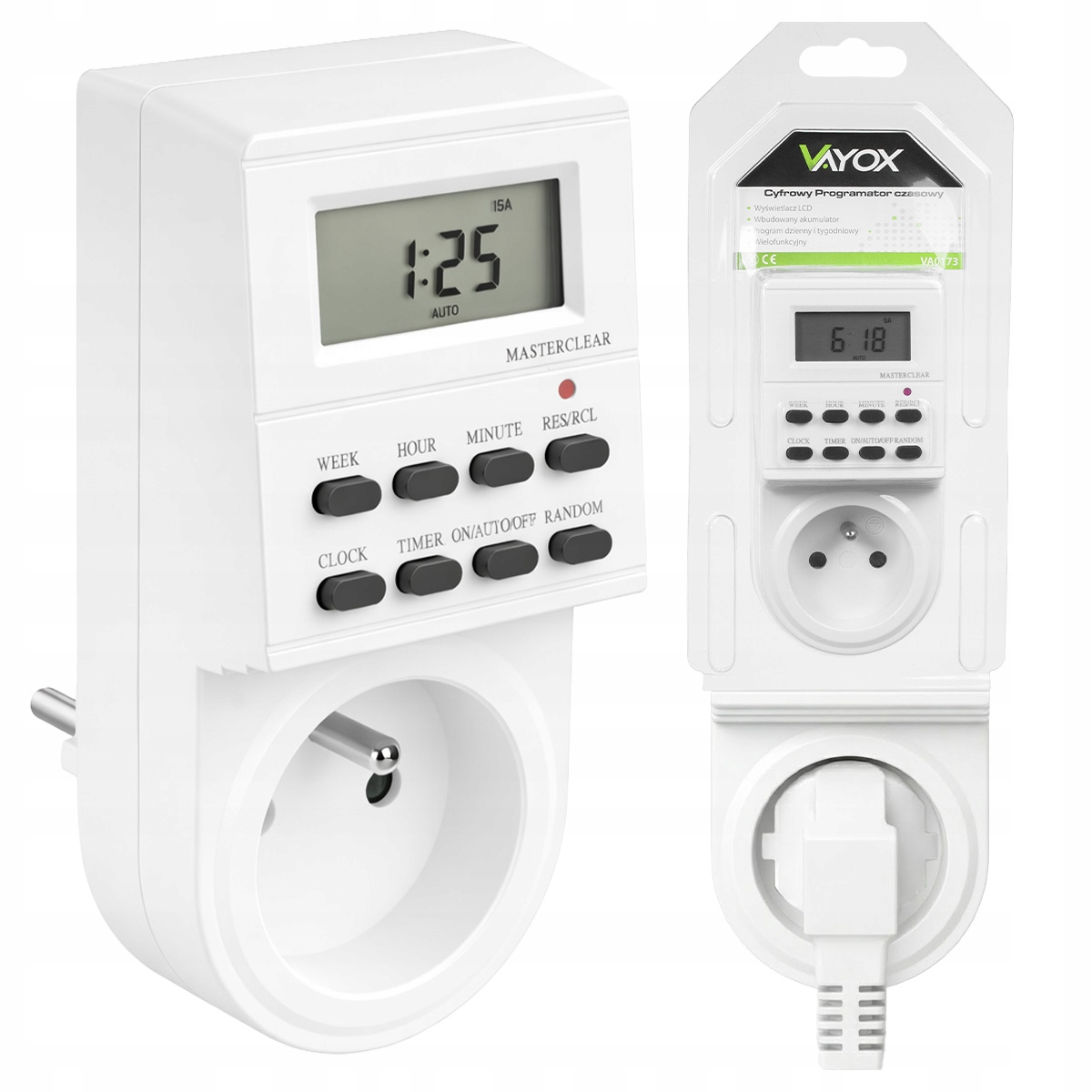 Dwa białe programatory czasowe z wyświetlaczami LCD i przyciskami obok siebie.