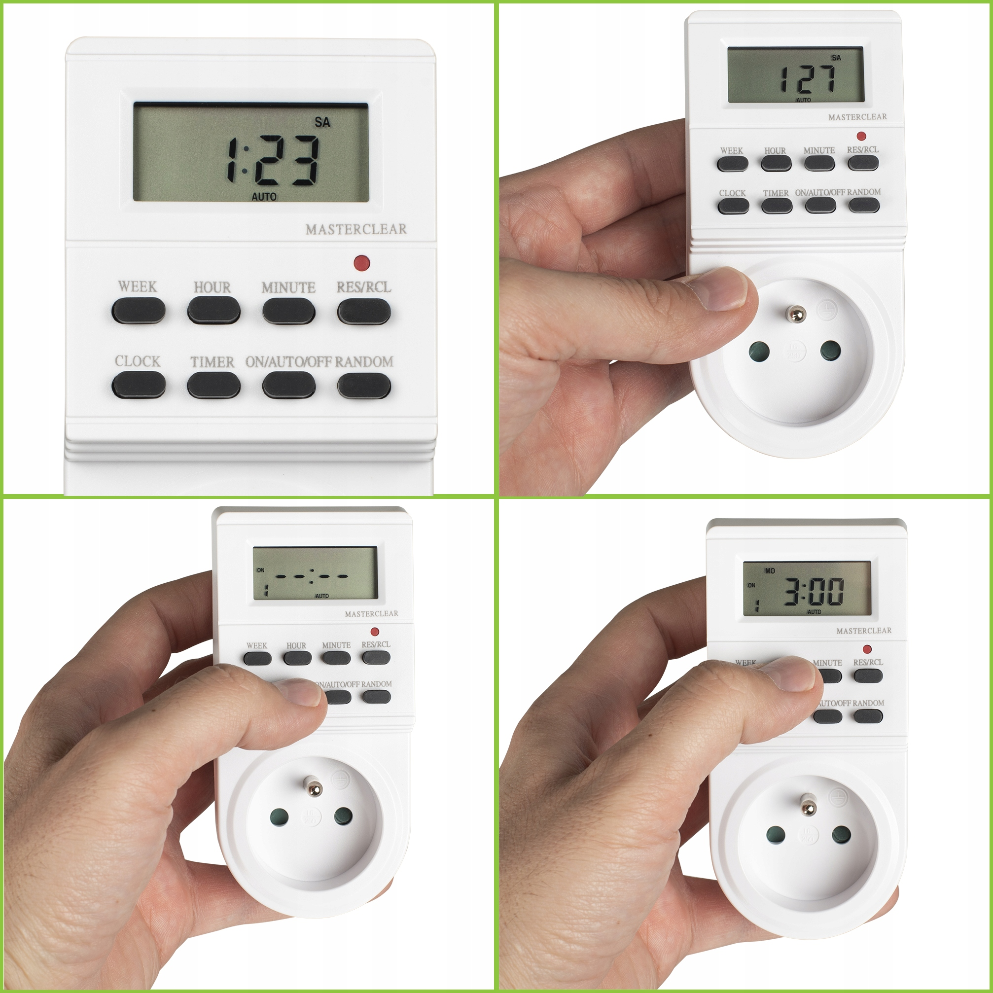 Cyfrowy zegar z gniazdem i przyciskami. Wyświetlacz pokazuje 1:23.