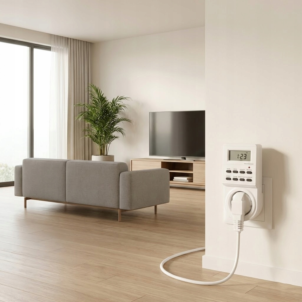 Cyfrowy programator czasowy podłączony do gniazdka, obok sofa.