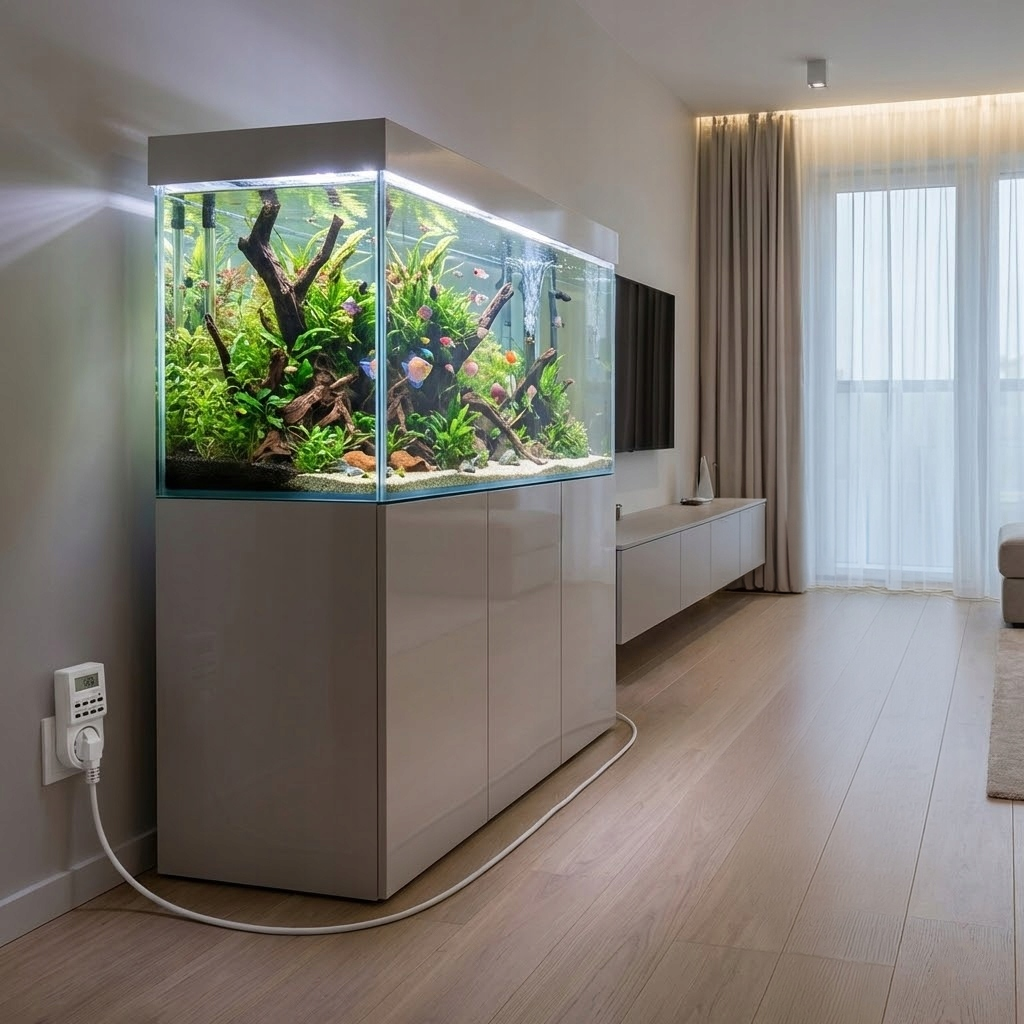 Duże, oświetlone akwarium z bujnymi roślinami i rybami stoi na szafce.