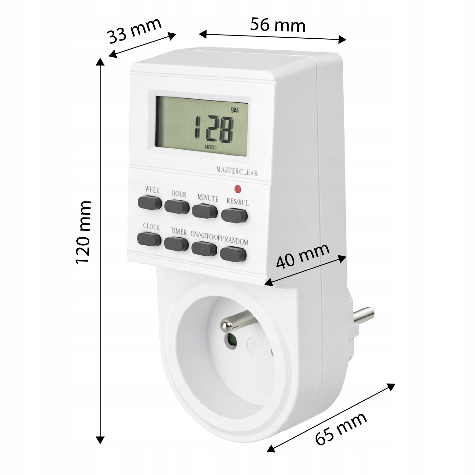 Biała cyfrowa wtyczka czasowa z ekranem LCD i przyciskami.