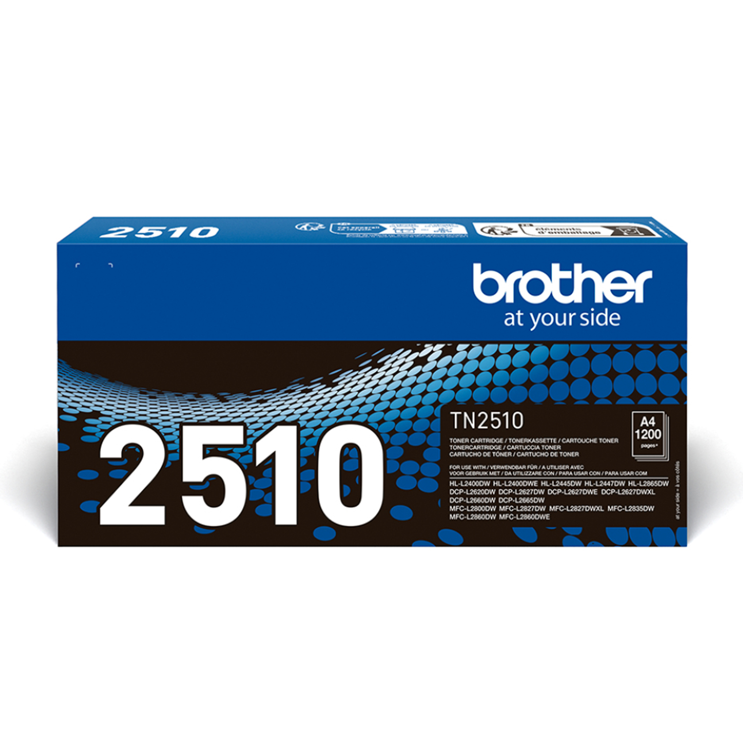 Opakowanie tonera Brother TN2510, niebieskie i czarne z logo 2510 i liczbą stron.