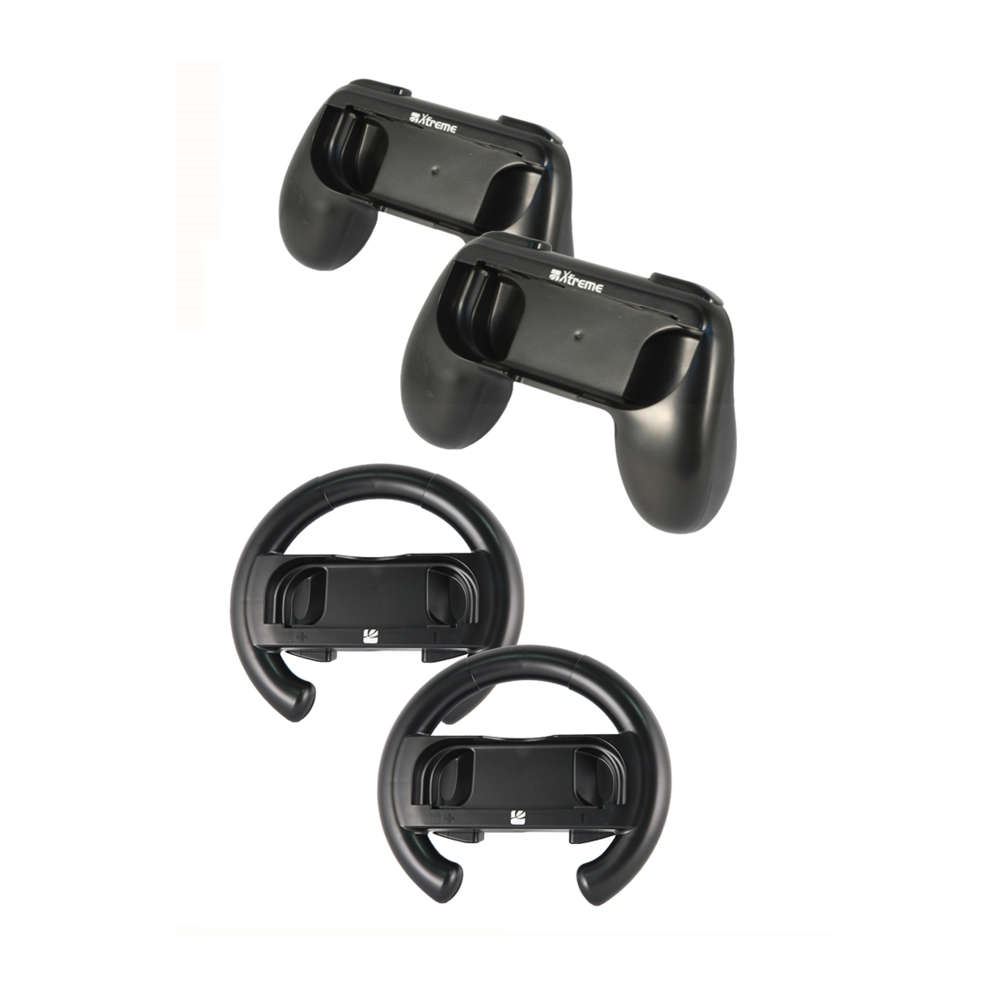 Due impugnature per controller nere e due volanti neri su sfondo bianco.