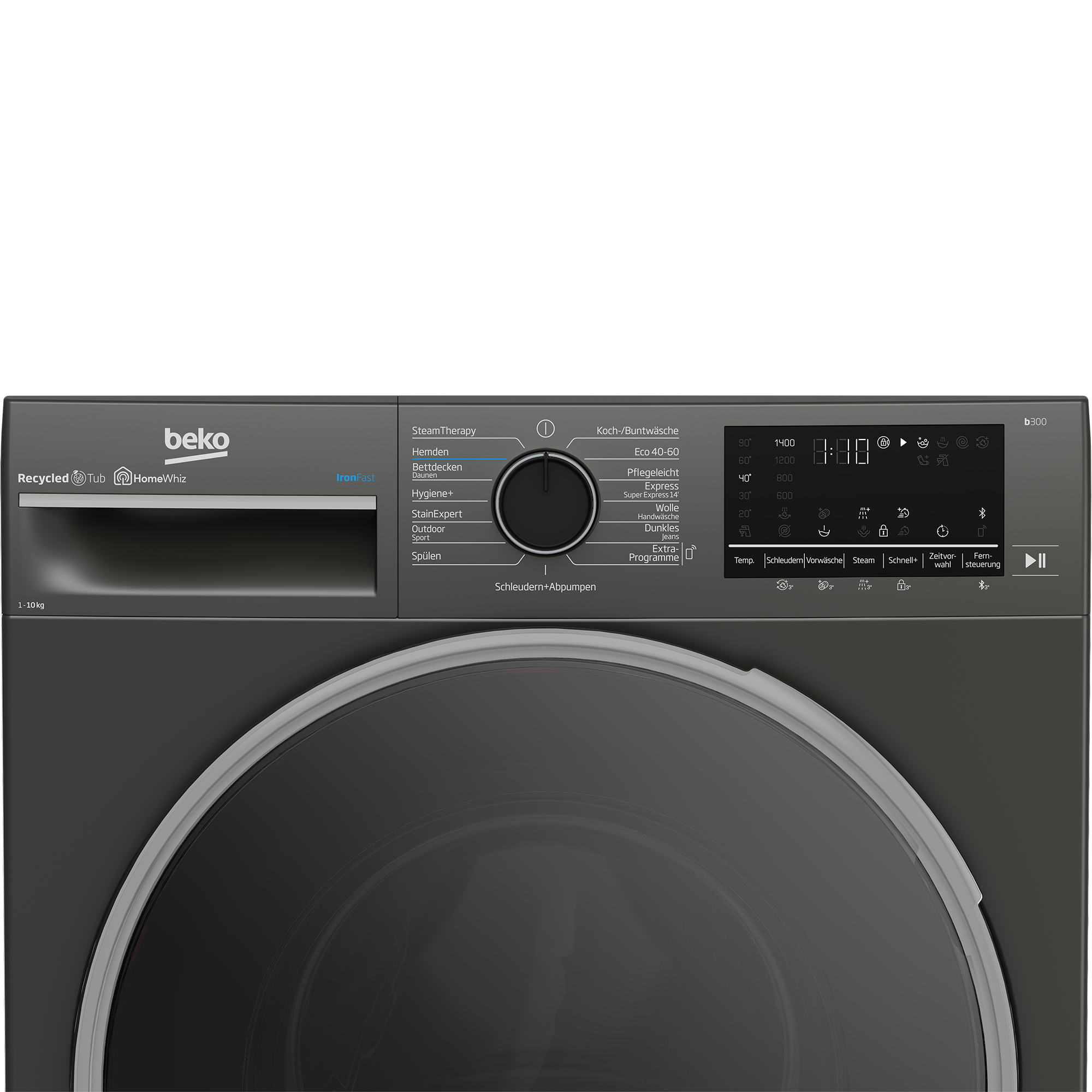 Beko Waschmaschine mit digitalem Bedienfeld und Programmauswahl. 1-10 kg Fassungsvermögen.
