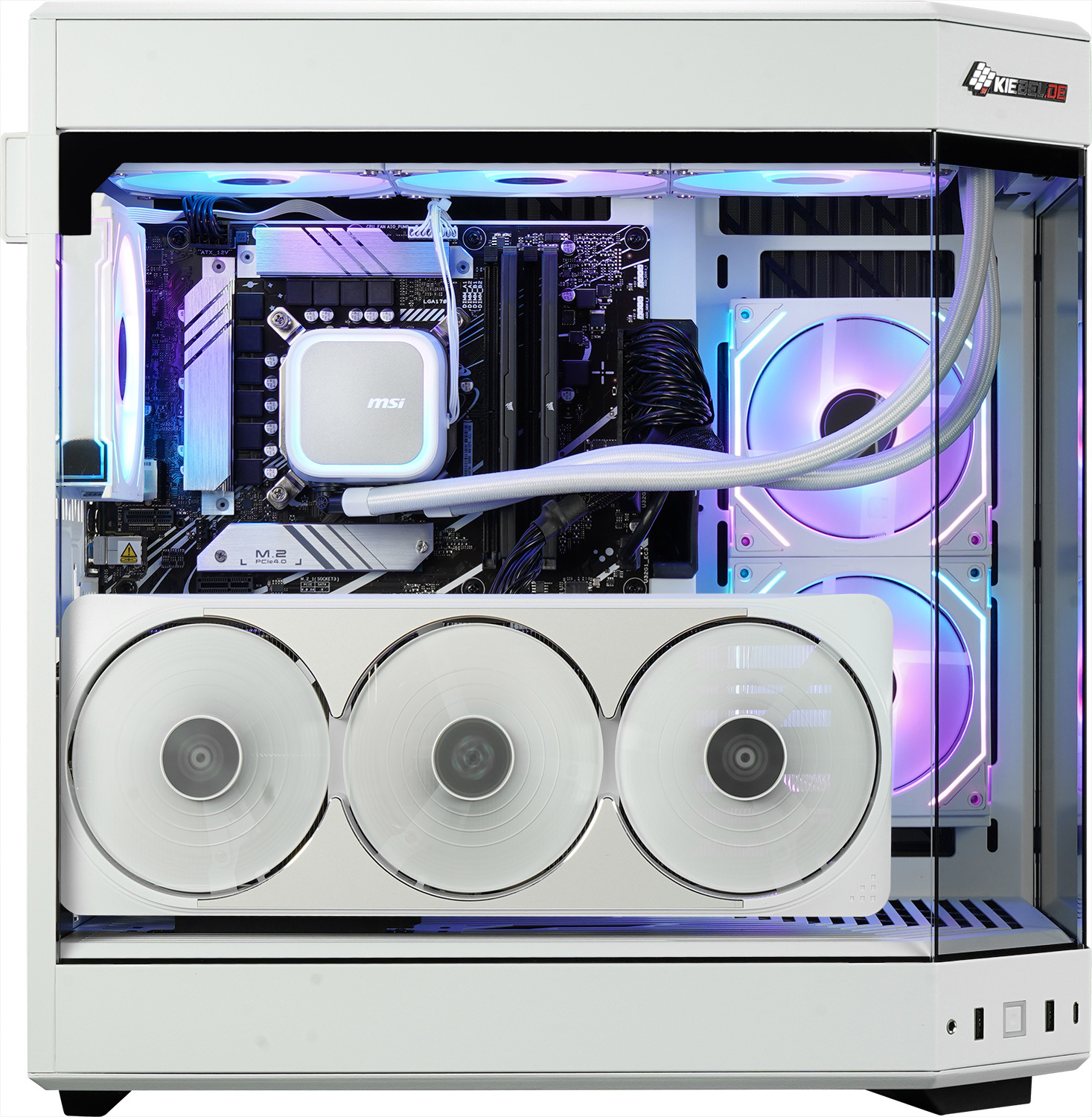 Een witte pc met RGB-verlichting, zichtbare componenten en ventilatoren.