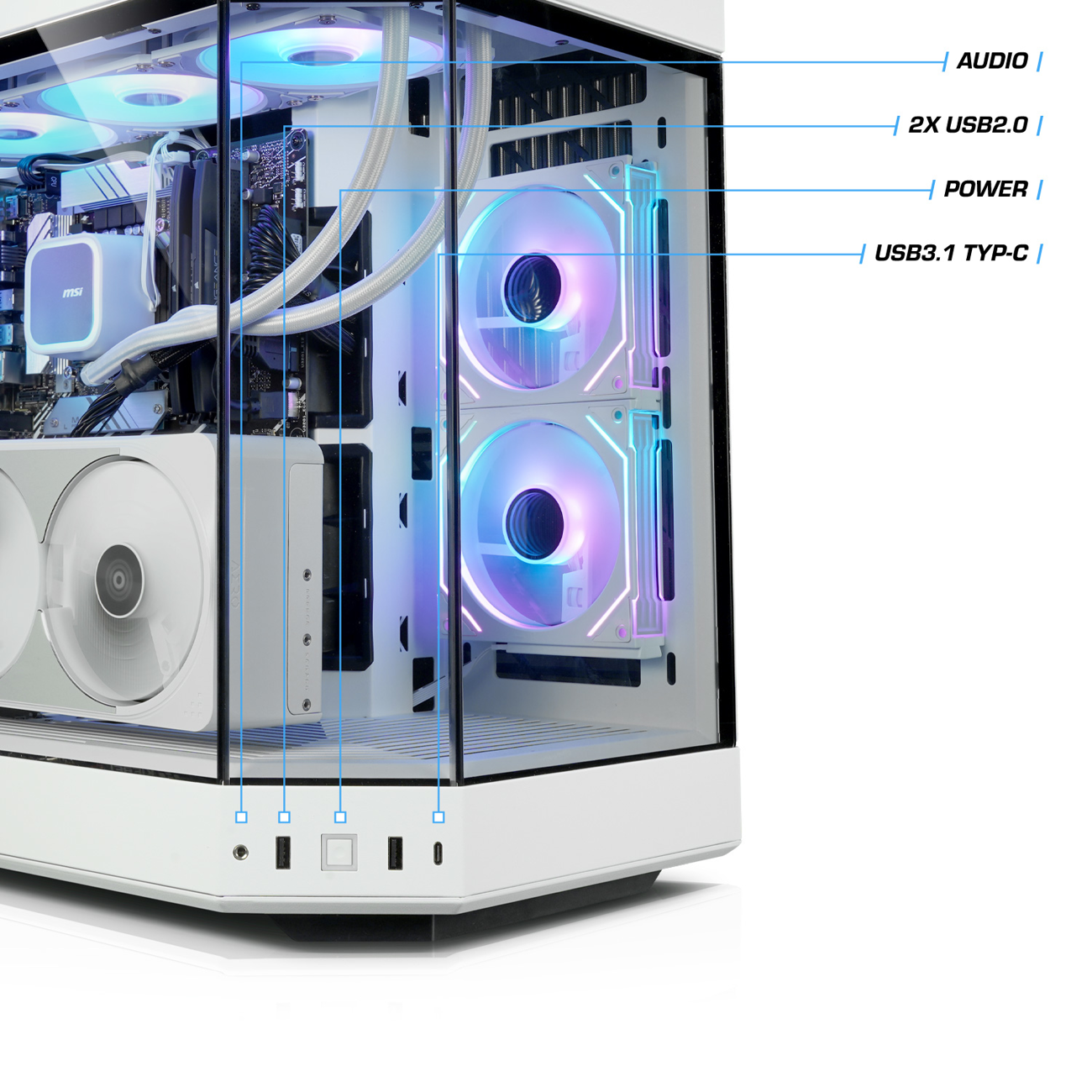 Ein weißer PC-Gehäuse mit RGB-Lüftern und Sichtfenster.