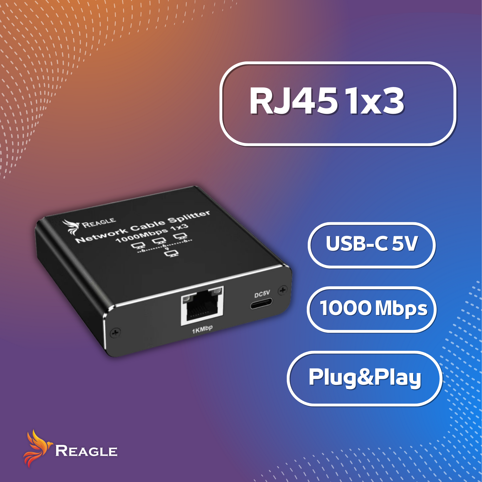 Czarny rozdzielacz sieciowy z portem RJ45, USB-C, 1000Mbps.