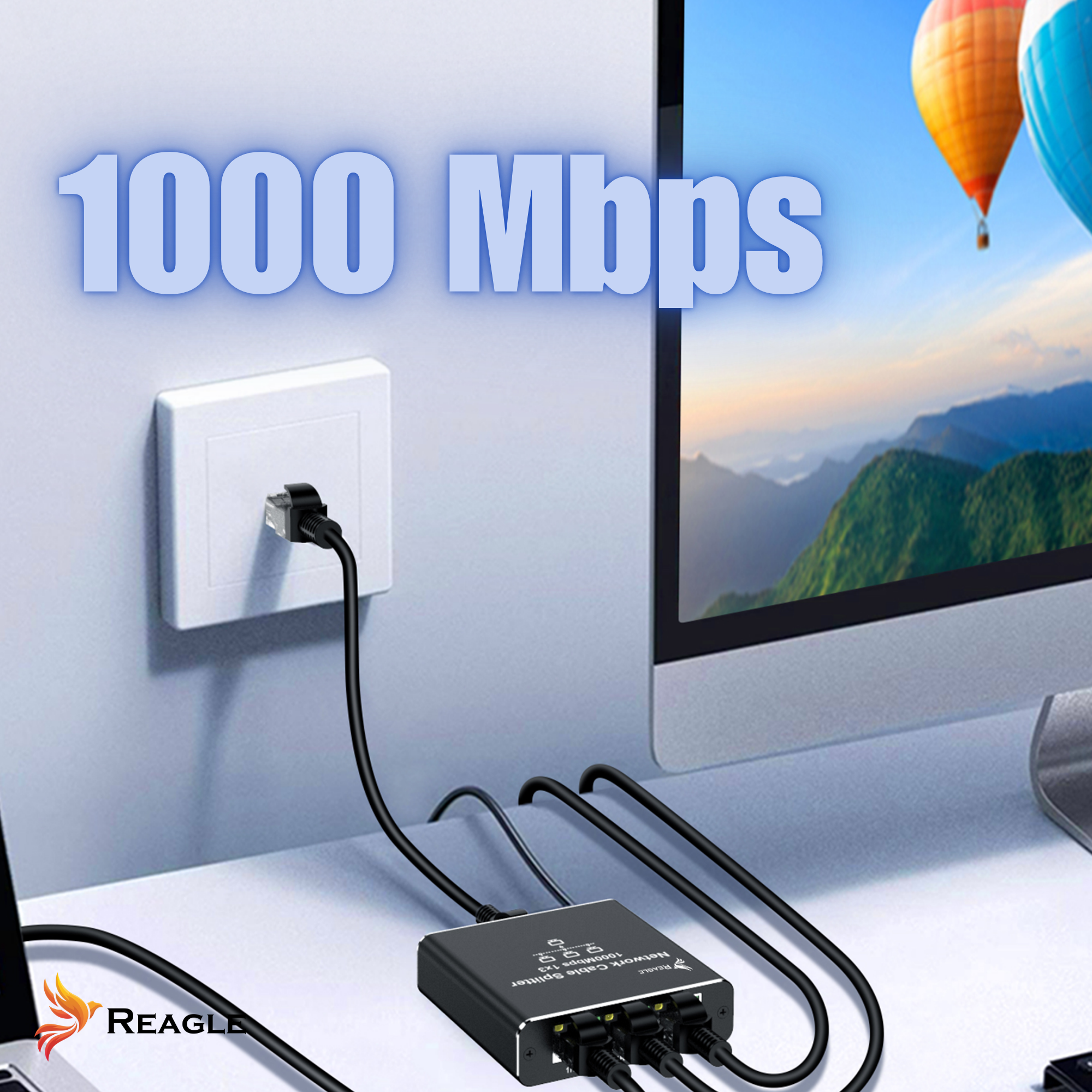 Rozdzielacz sieci 1000 Mbps, kabel podłączony do gniazdka ściennego. Komputer i balony.