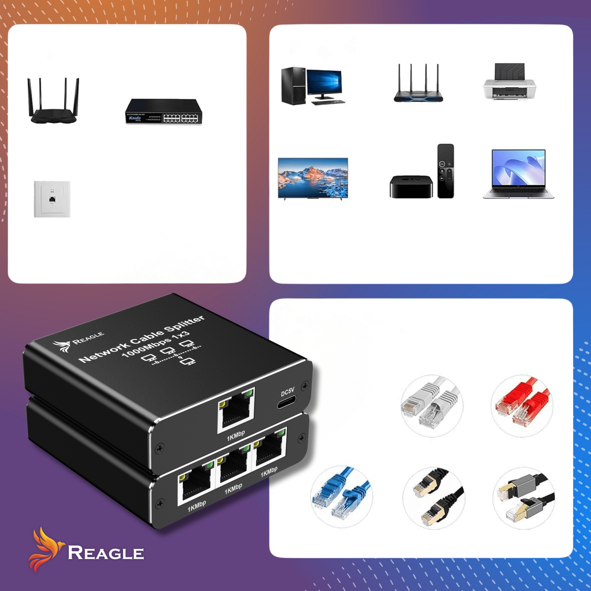 Urządzenia sieciowe i kable: router, switch, komputer, TV, laptop, drukarka, rozdzielacz.