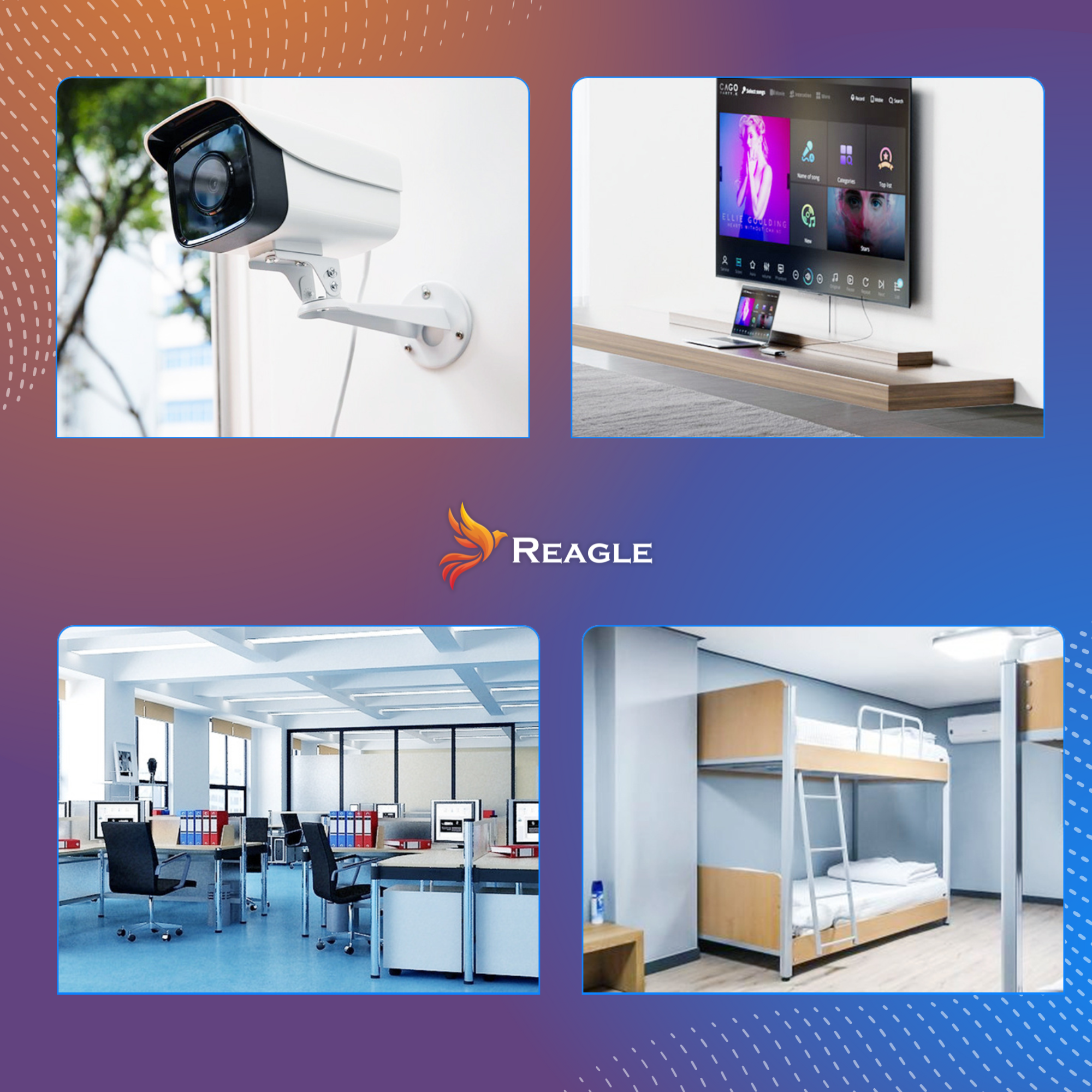 Kolaż: Kamera bezpieczeństwa, ekran TV, biuro i łóżka piętrowe.