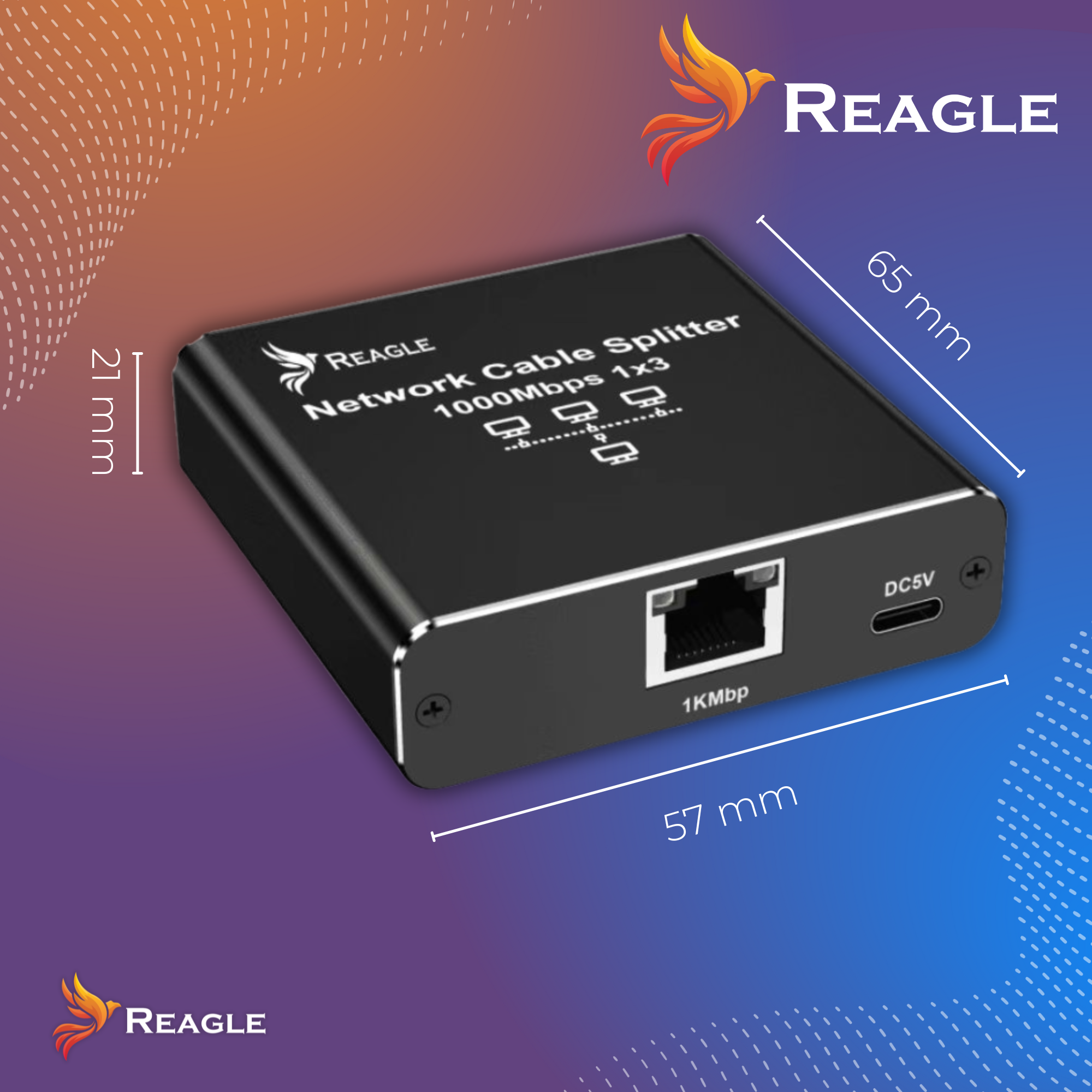 Czarny rozdzielacz kabli sieciowych Reagle z portem RJ45.