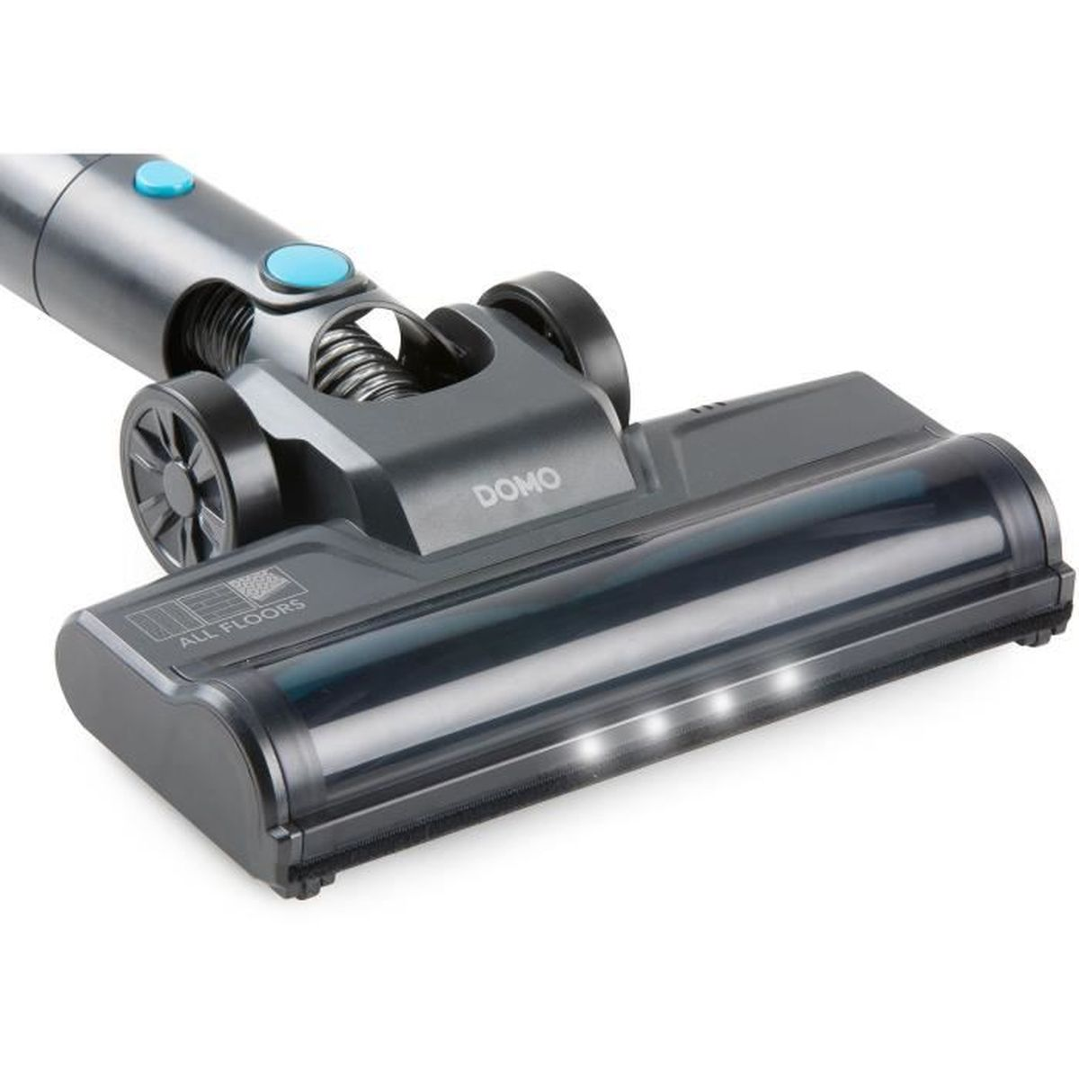 Testina aspirapolvere grigio scuro con quattro luci LED ed etichetta 'ALL FLOORS'.