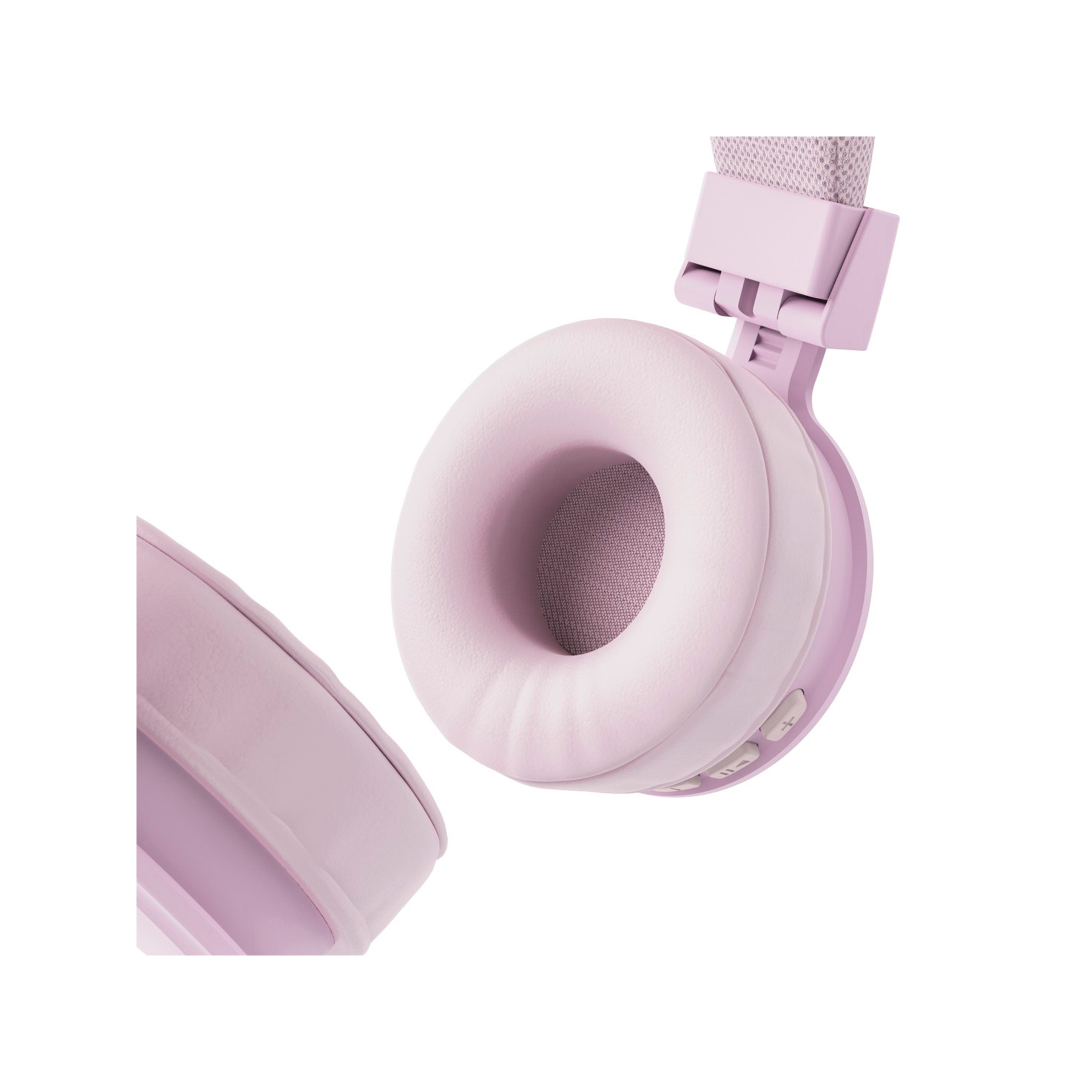Zbliżenie różowych słuchawek z wyściełanymi nausznikami i przyciskami sterowania.