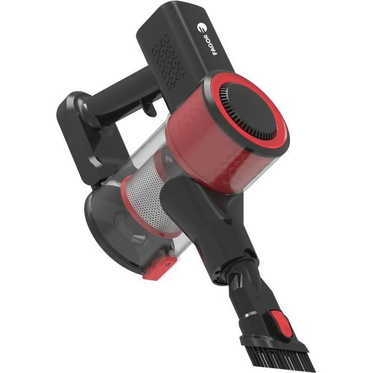 Aspirapolvere nero portatile con accenti rossi e contenitore trasparente.