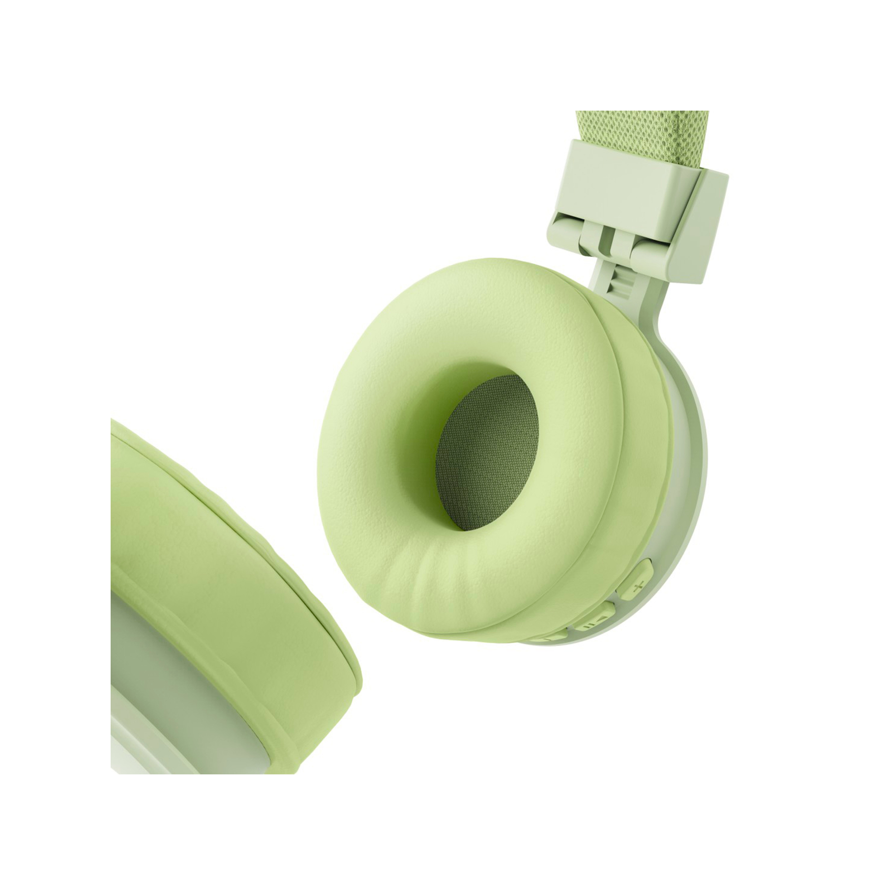 Jasnozielone słuchawki z wyściełanymi nausznikami i widocznymi przyciskami.