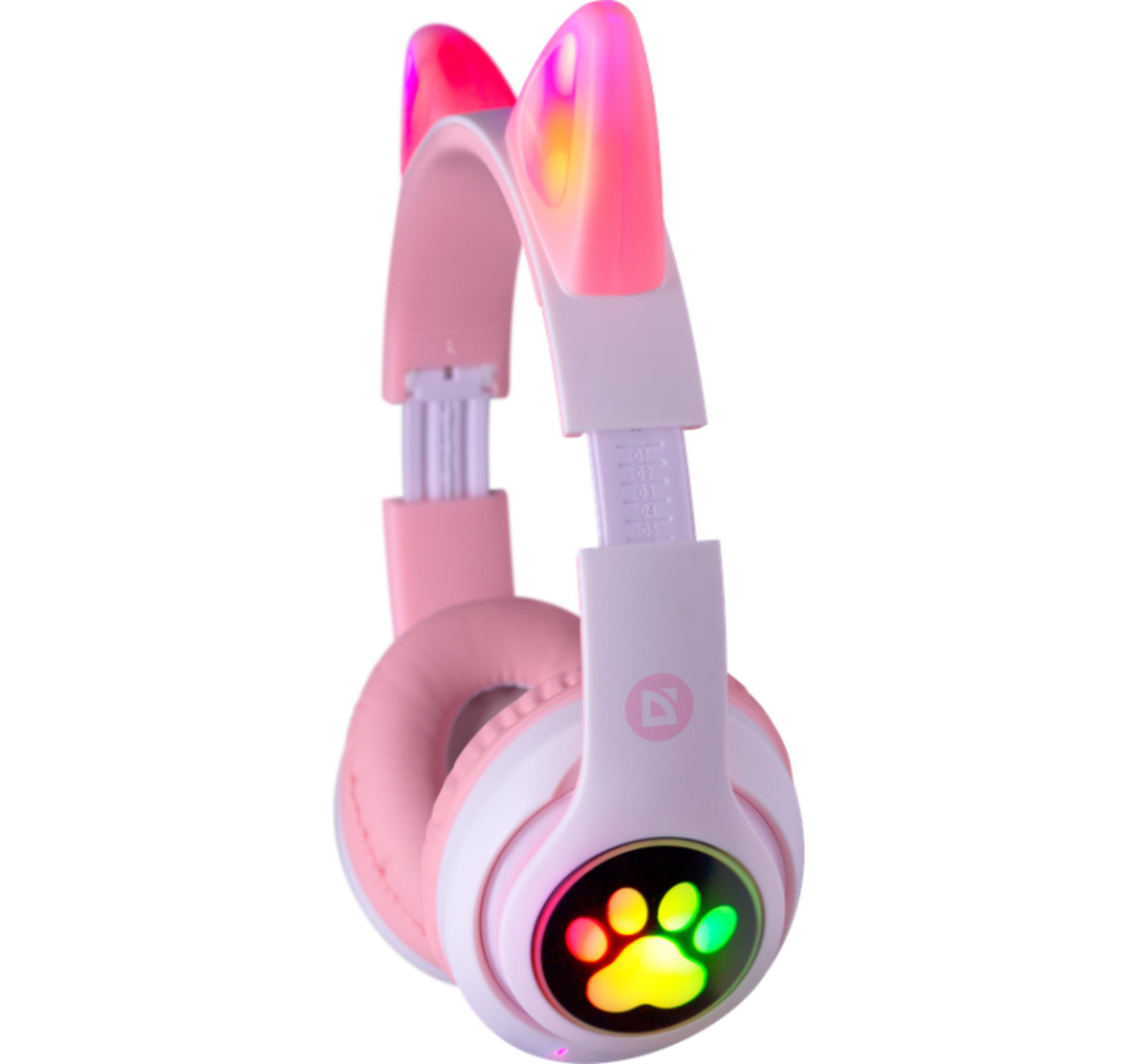 Cuffie rosa con orecchie da gatto e zampa luminosa.