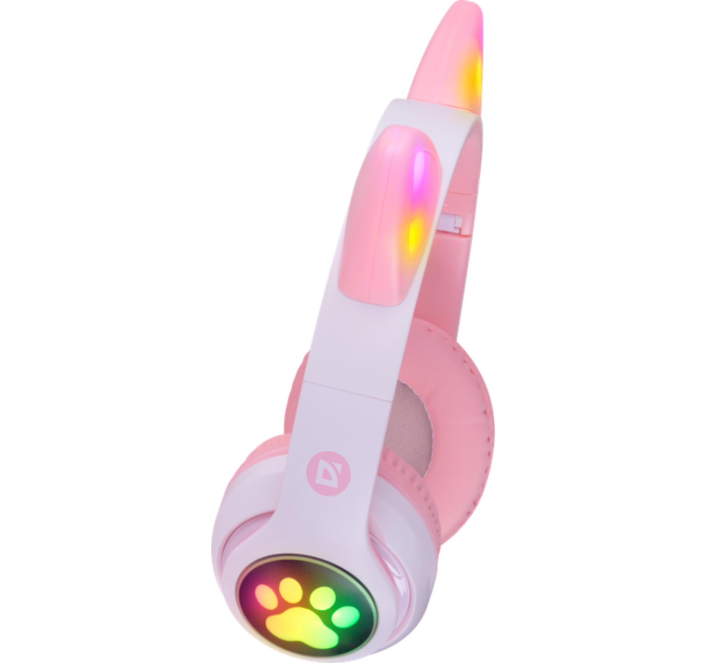 Cuffie rosa con impronta di zampa luminosa e LED sulle orecchie.
