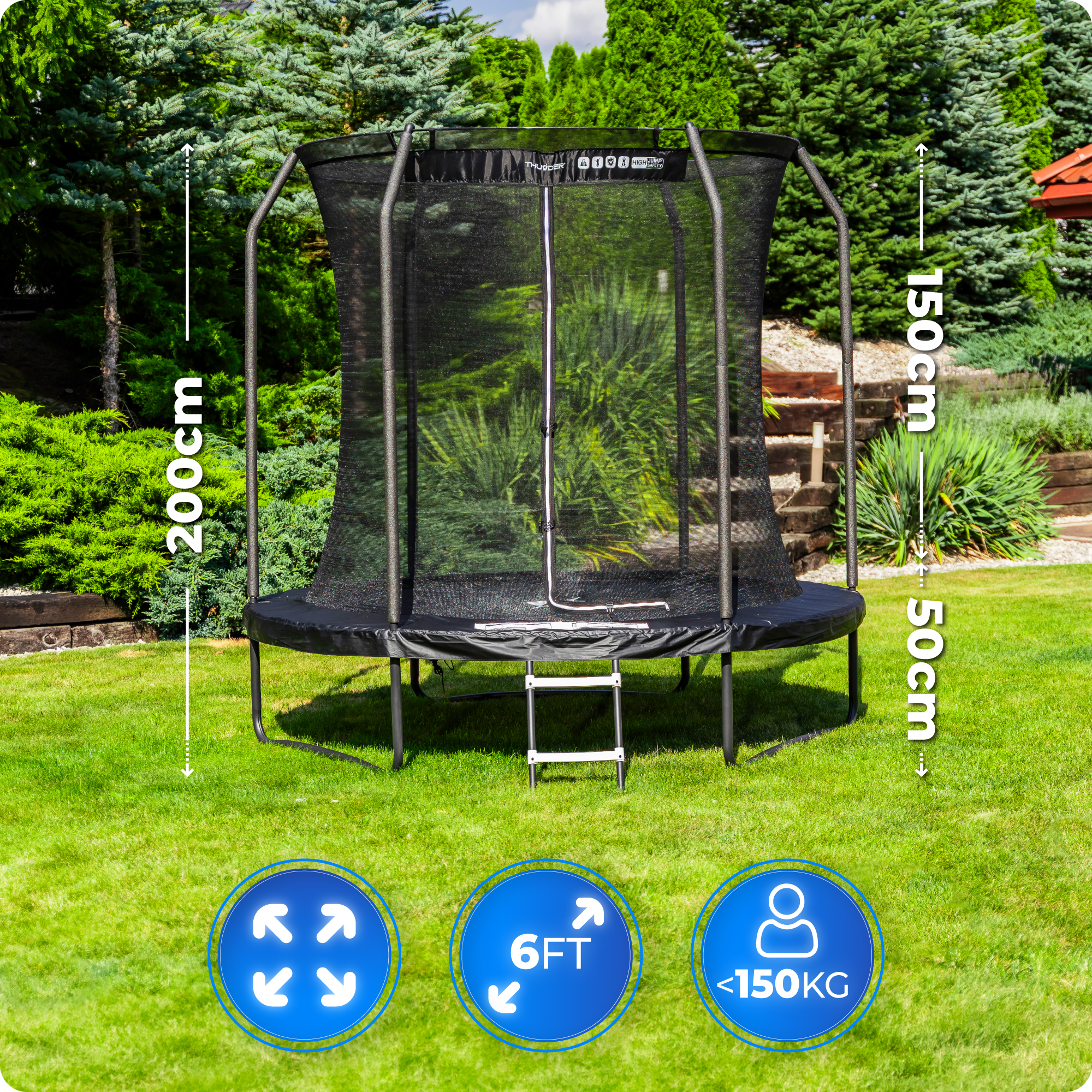 Trampolina zewnętrzna z wymiarami: 200cm wys., 150cm siatka, 50cm mata.