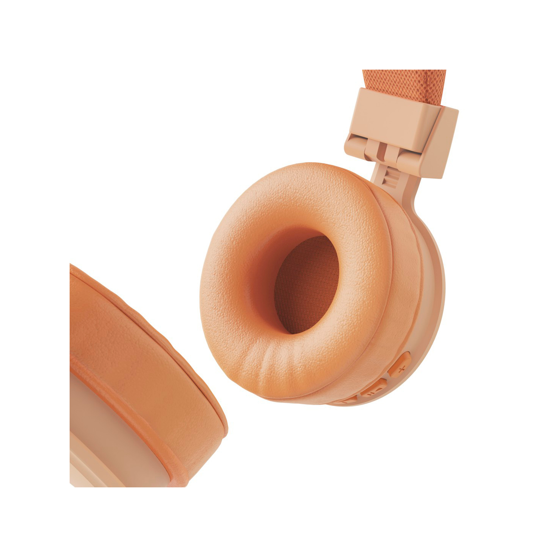 Pomarańczowe słuchawki z nausznikami i przyciskami na białym tle.