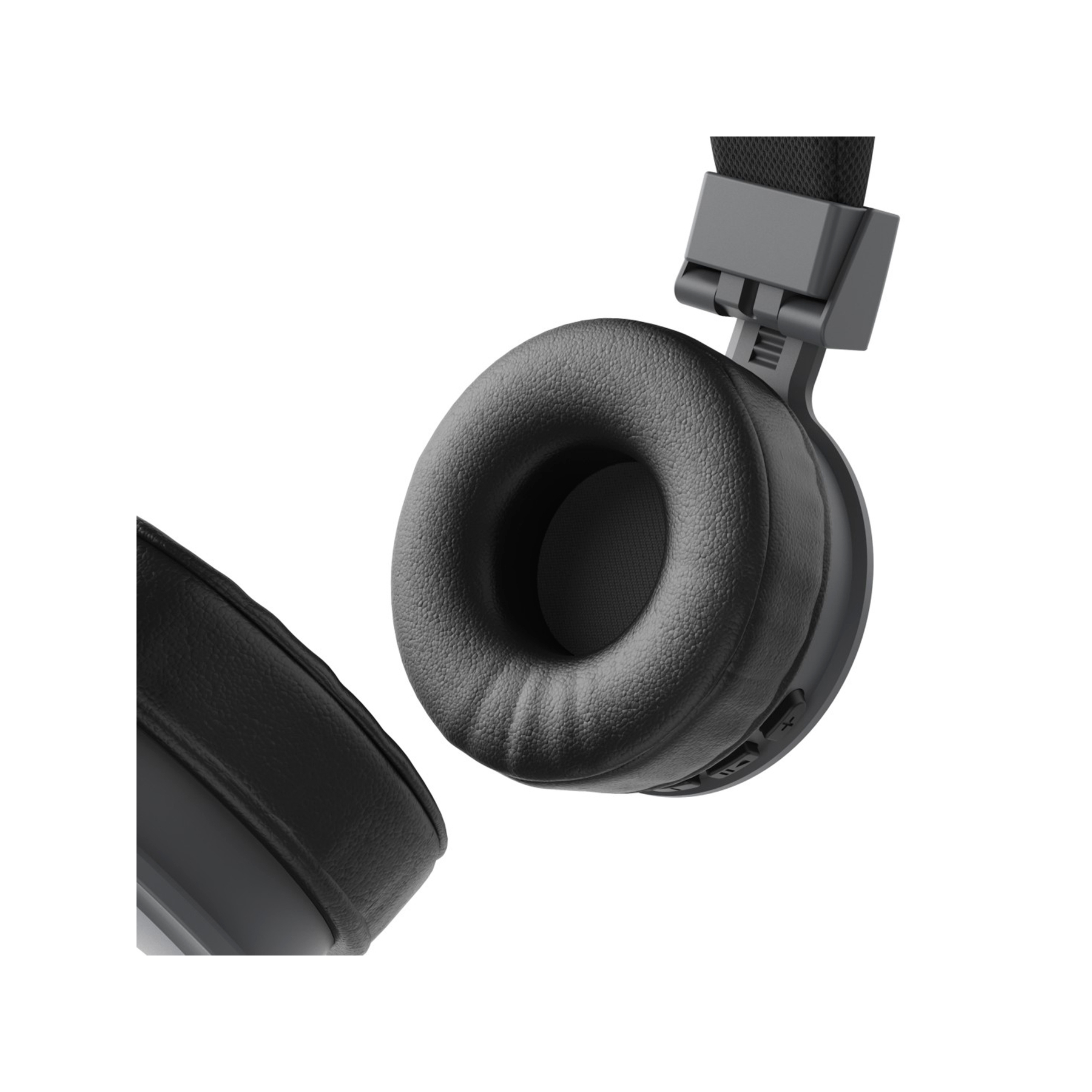 Czarne słuchawki z wyściełanymi nausznikami i szarymi detalami.