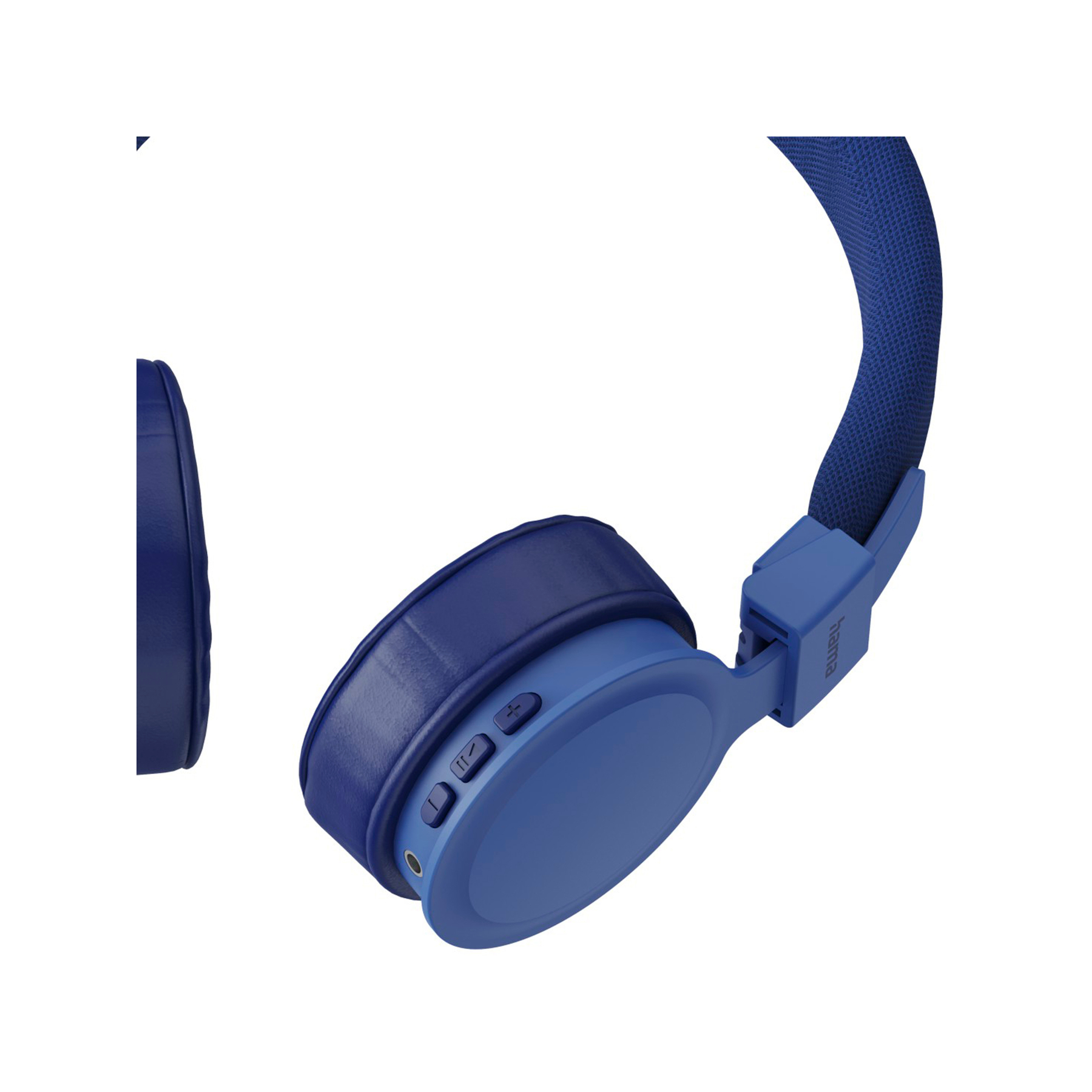 Niebieskie słuchawki z materiałowym pałąkiem i przyciskami.