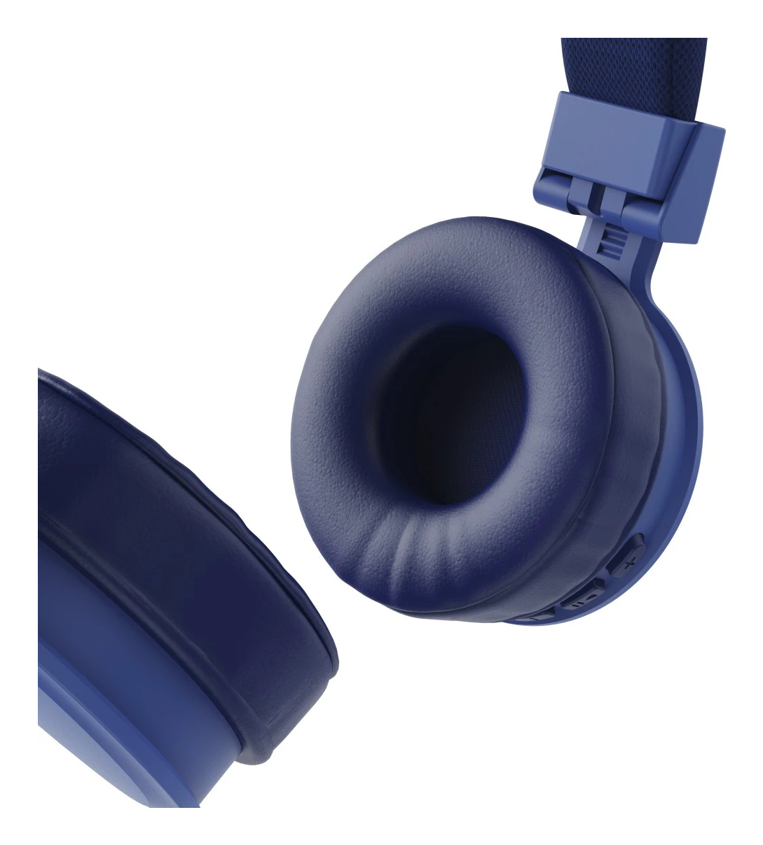 Niebieskie nauszniki i pałąk słuchawek z widocznymi przyciskami.