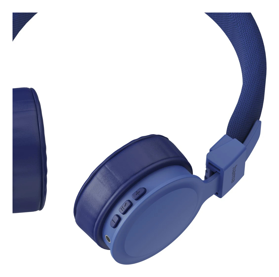 Ciemnoniebieskie słuchawki z miękkimi nausznikami i widocznymi przyciskami sterującymi.