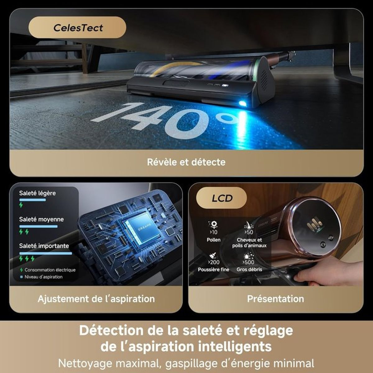 Una aspiradora detecta suciedad y la muestra en una pantalla LCD.