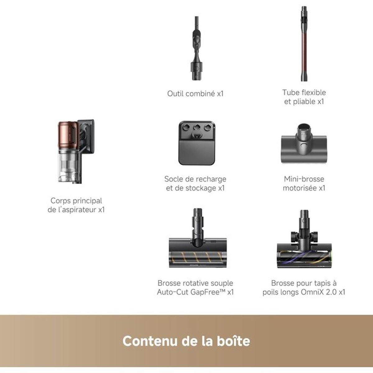 Partes de aspiradora: cuerpo principal, herramienta combinada, tubo flexible, base de carga, mini cepillo motorizado, cepillo suave, cepillo para alfombras.
