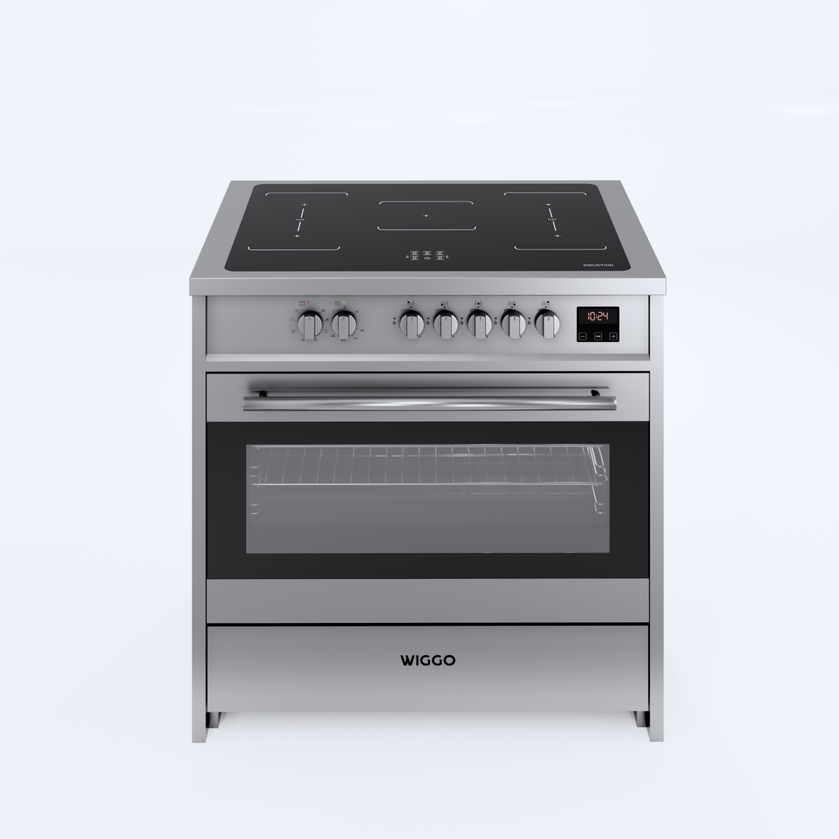 A modern silver stove with a cooktop and oven, set against a white background.